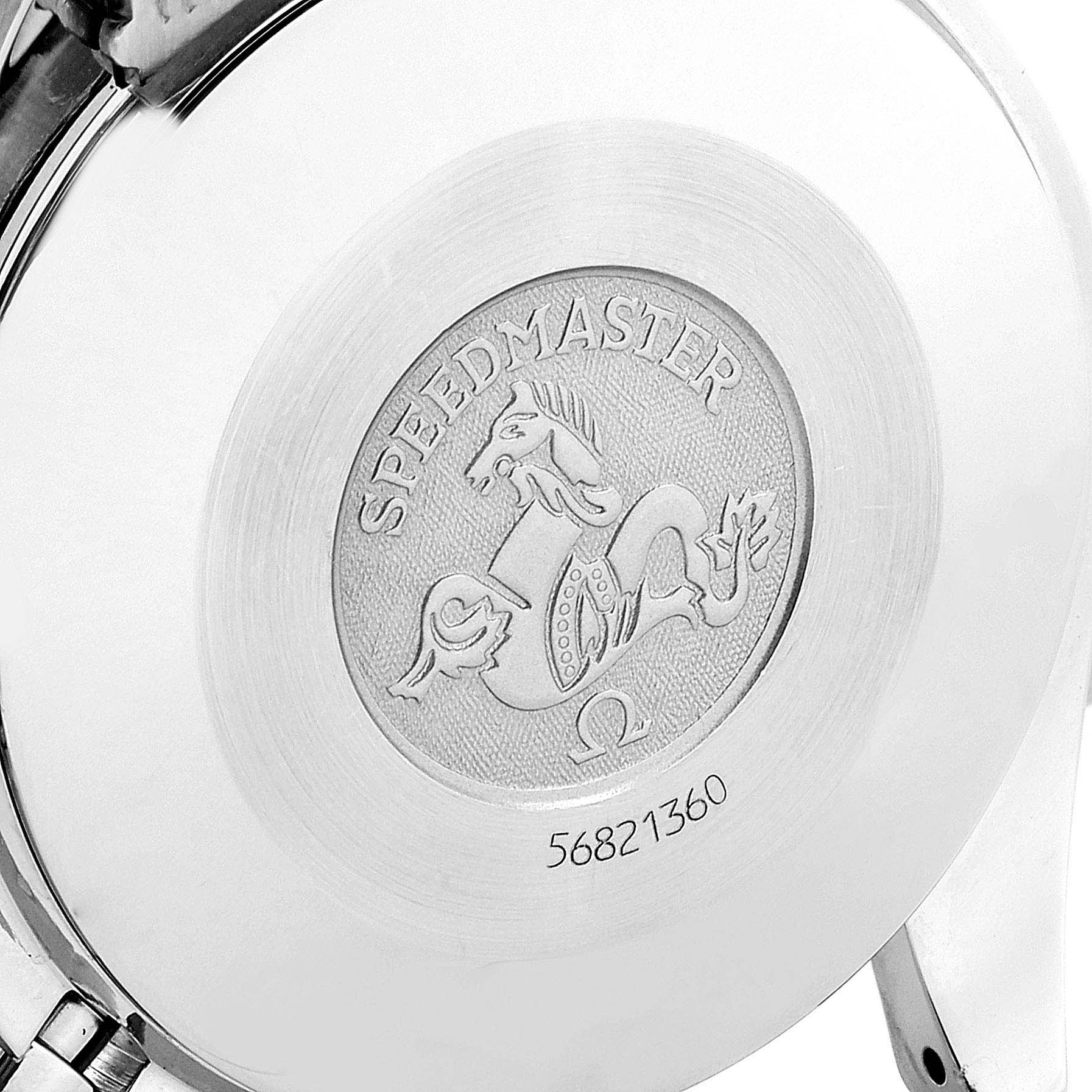 The image shows the back case of the Omega Speedmaster 3510.50.00 Men
s Stainless Steel Black Dial 3510.50.00 Men
s Stainless Steel Black Dial watch, featuring the engraved logo and model number.