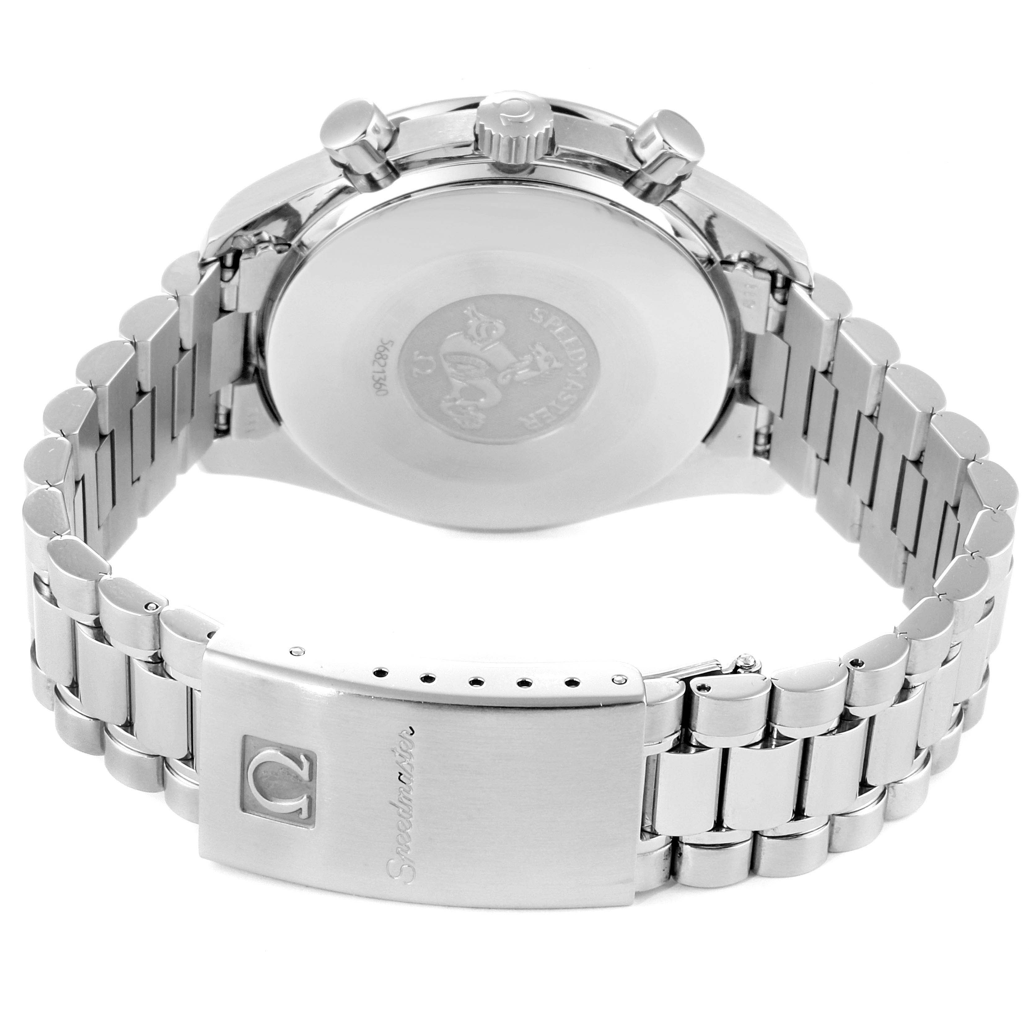 This image shows the back of an Omega Speedmaster 3510.50.00 Men
s Stainless Steel Black Dial 3510.50.00 Men
s Stainless Steel Black Dial watch, highlighting the clasp, bracelet, and caseback.