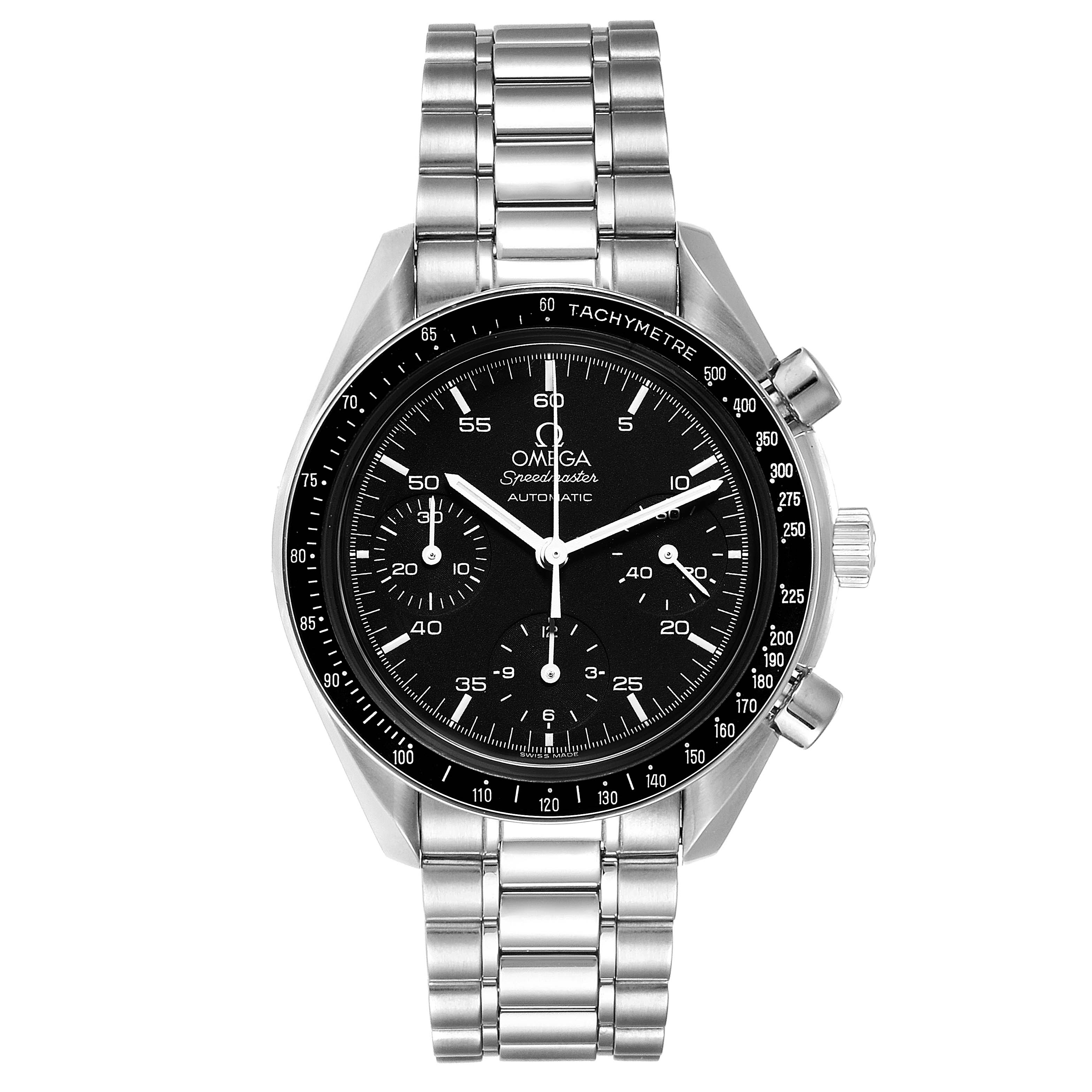This Omega Speedmaster 3510.50.00 Men
s Stainless Steel Black Dial 3510.50.00 Men
s Stainless Steel Black Dial watch is shown from a front angle, displaying the dial, bezel, subdials, pushers, and bracelet.