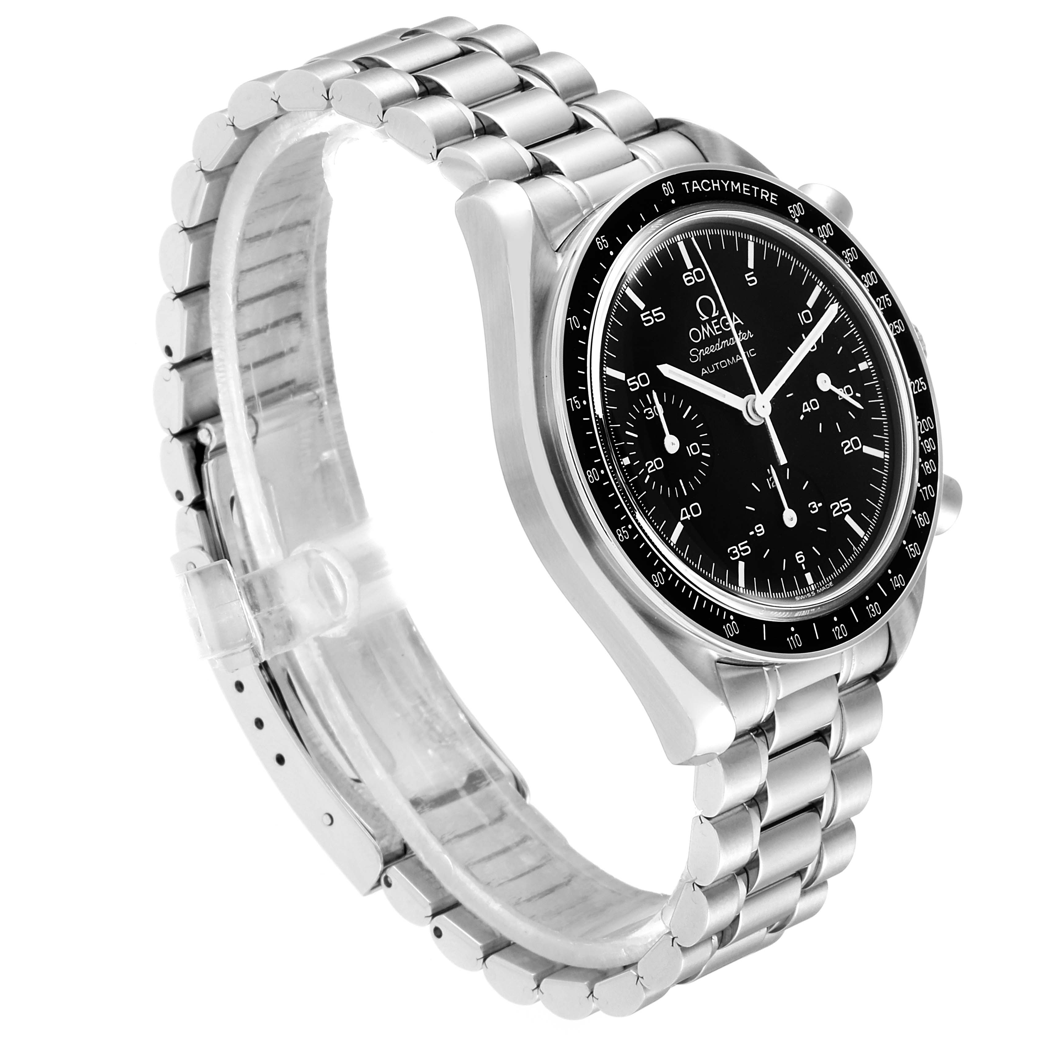 The image shows a side and front view of the Omega Speedmaster 3510.50.00 Men
s Stainless Steel Black Dial 3510.50.00 Men
s Stainless Steel Black Dial watch with its black dial and stainless steel bracelet.