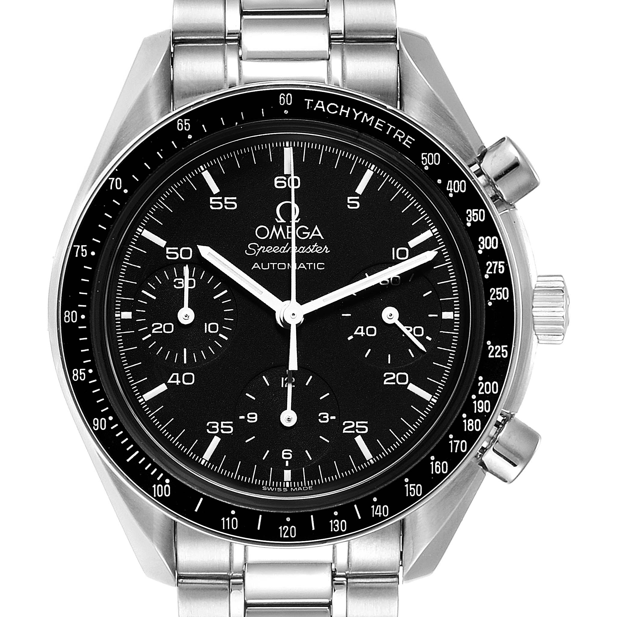 This image shows a front view of the Omega Speedmaster 3510.50.00 Men
s Stainless Steel Black Dial 3510.50.00 Men
s Stainless Steel Black Dial watch, highlighting its dial, tachymeter bezel, chronograph sub-dials, and bracelet.