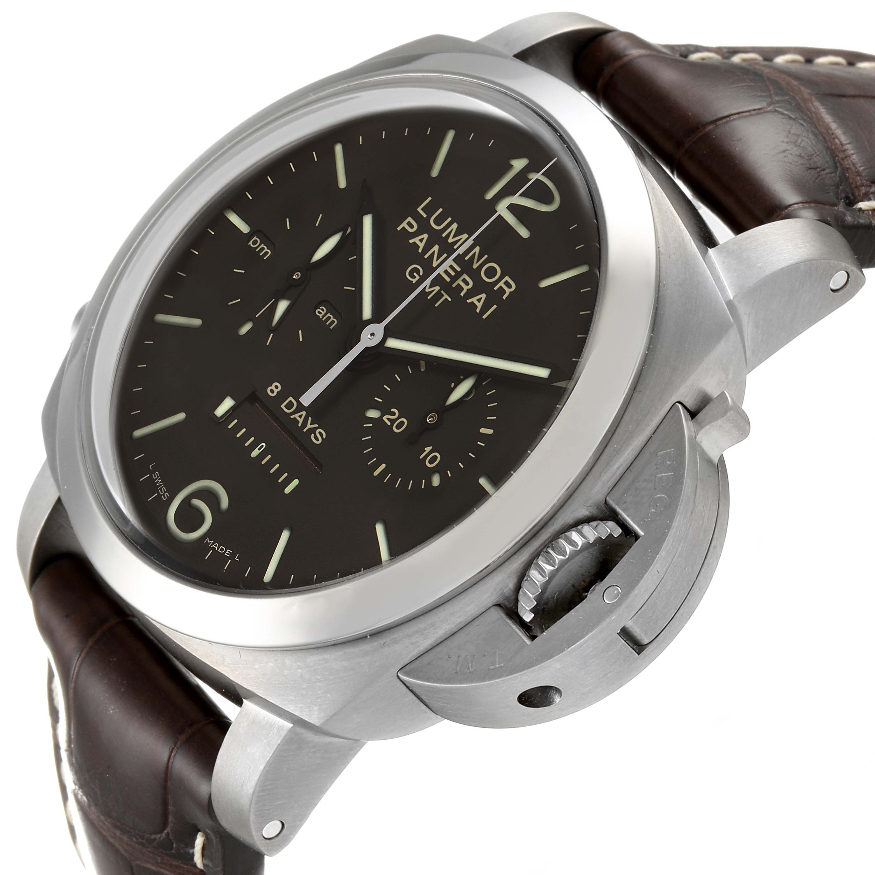 This image shows a Panerai Luminor PAM00311 Men's Titanium Black Dial PAM00311 Men's Titanium Black Dial watch at an angled view, highlighting its dial, crown guard, and leather strap.