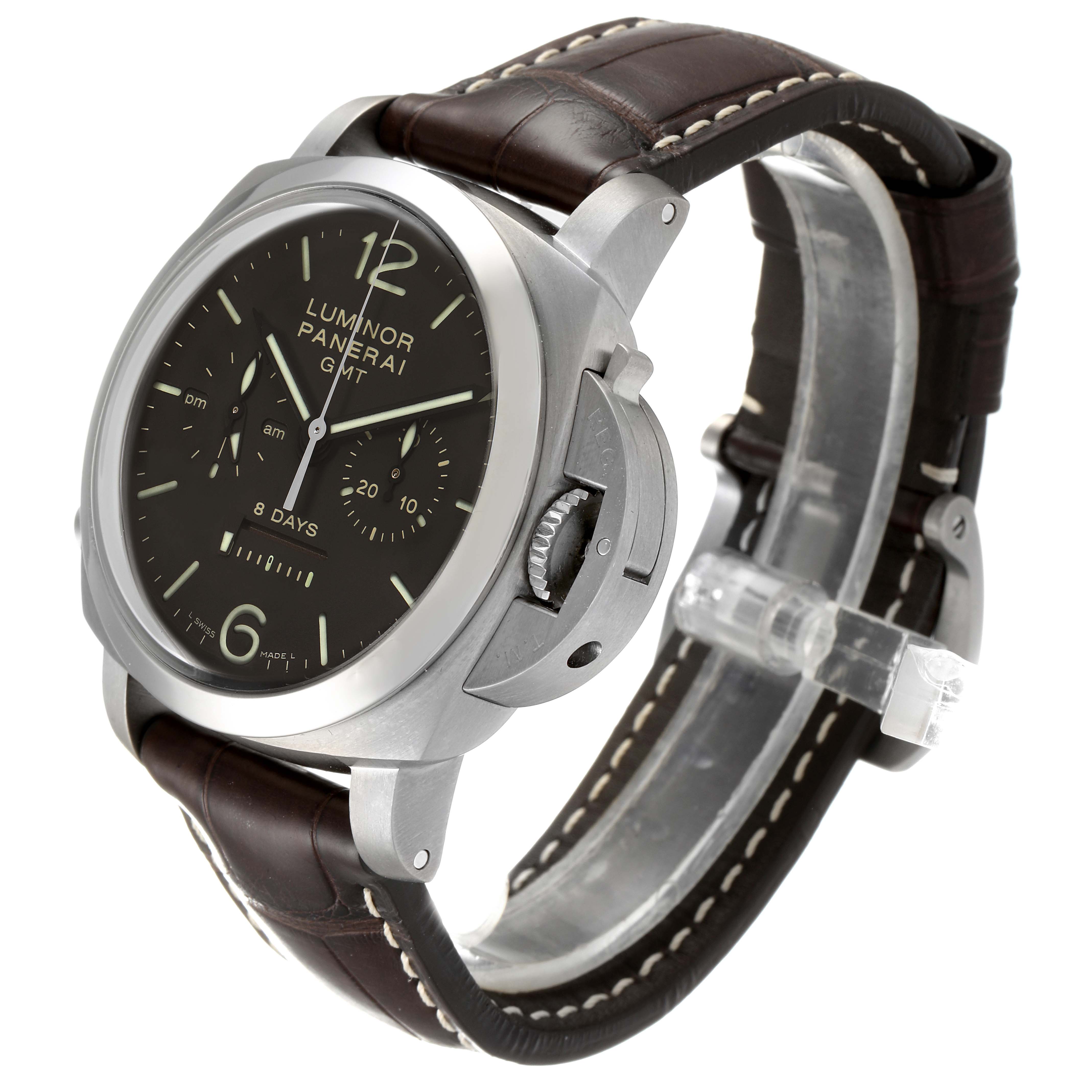 The Panerai Luminor PAM00311 Men's Titanium Black Dial PAM00311 Men's Titanium Black Dial watch is shown at an angled side view, highlighting the dial, crown guard, and leather strap.