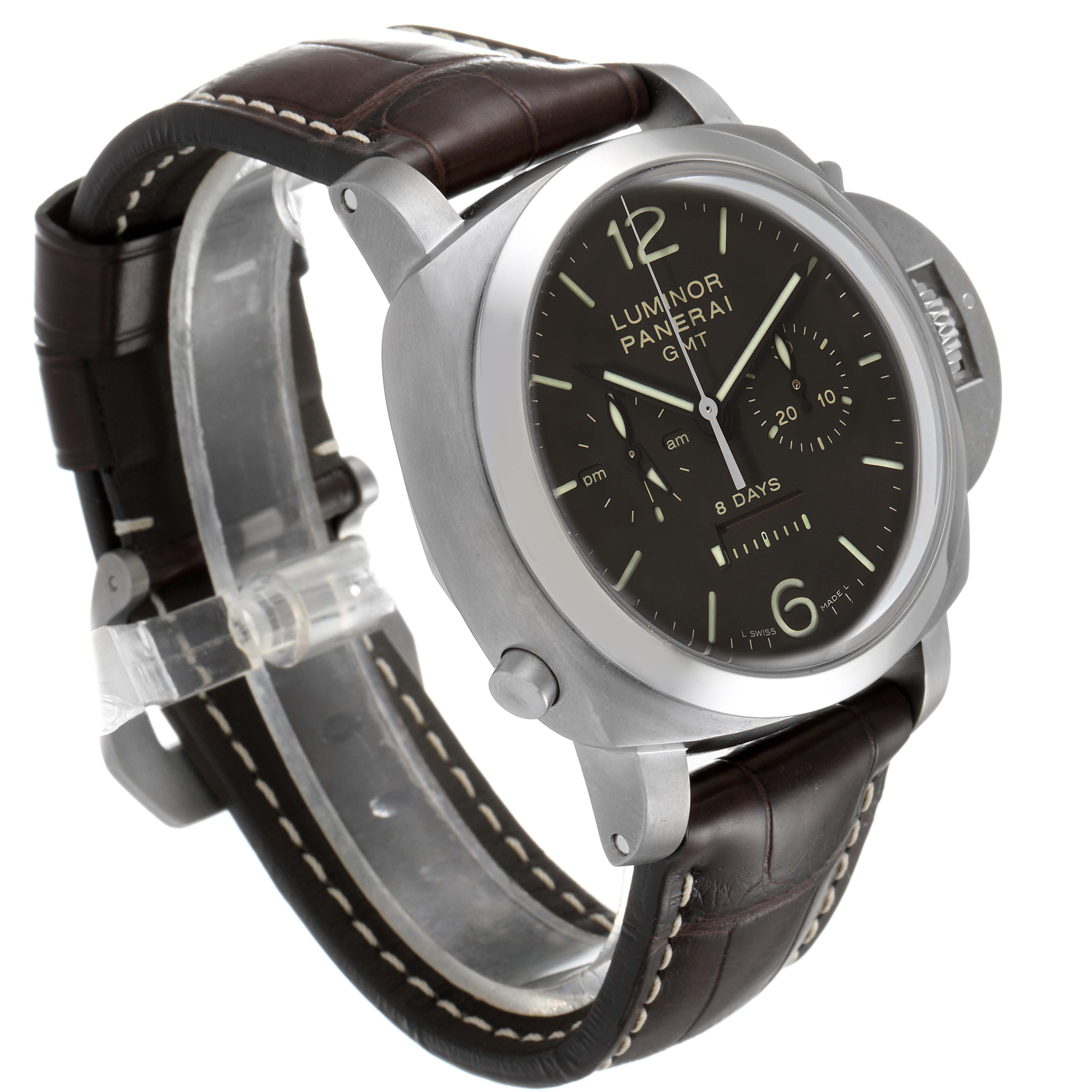 The image shows a Panerai Luminor PAM00311 Men's Titanium Black Dial PAM00311 Men's Titanium Black Dial watch, angled from the front-left, highlighting the dial, case, and leather strap.