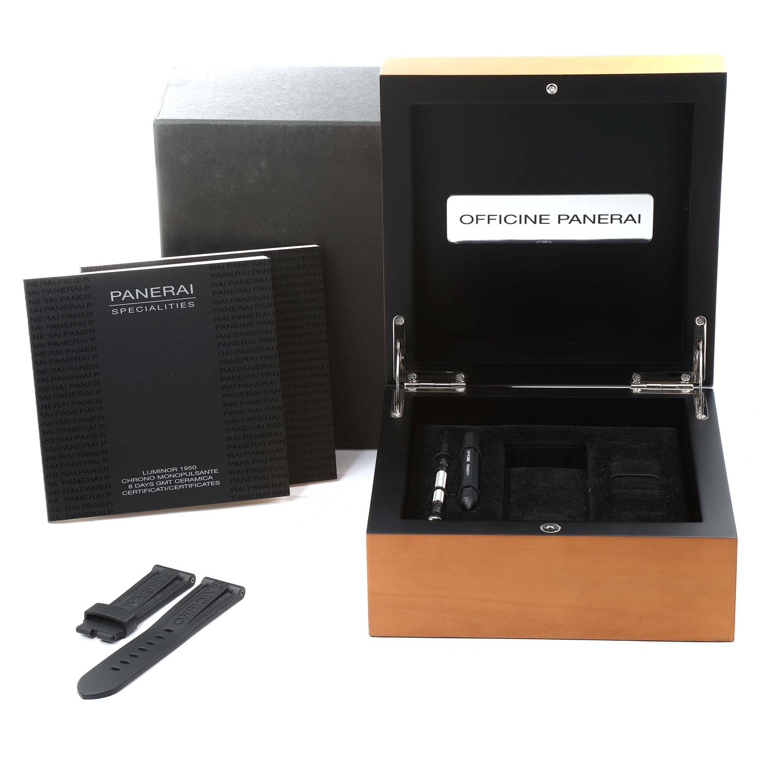The image shows a Panerai Luminor PAM00311 Men's Titanium Black Dial PAM00311 Men's Titanium Black Dial watch box and accessories including extra straps and tools.