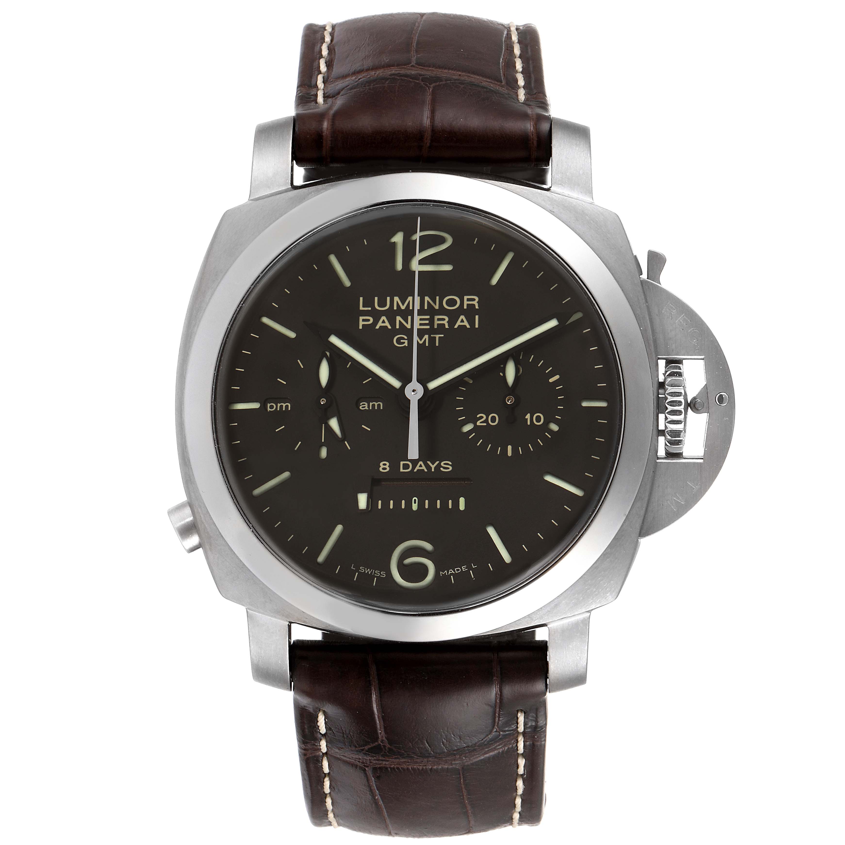 This image shows a front view of the Panerai Luminor PAM00311 Men's Titanium Black Dial PAM00311 Men's Titanium Black Dial GMT watch, highlighting its dial, bezel, crown guard, and leather strap.