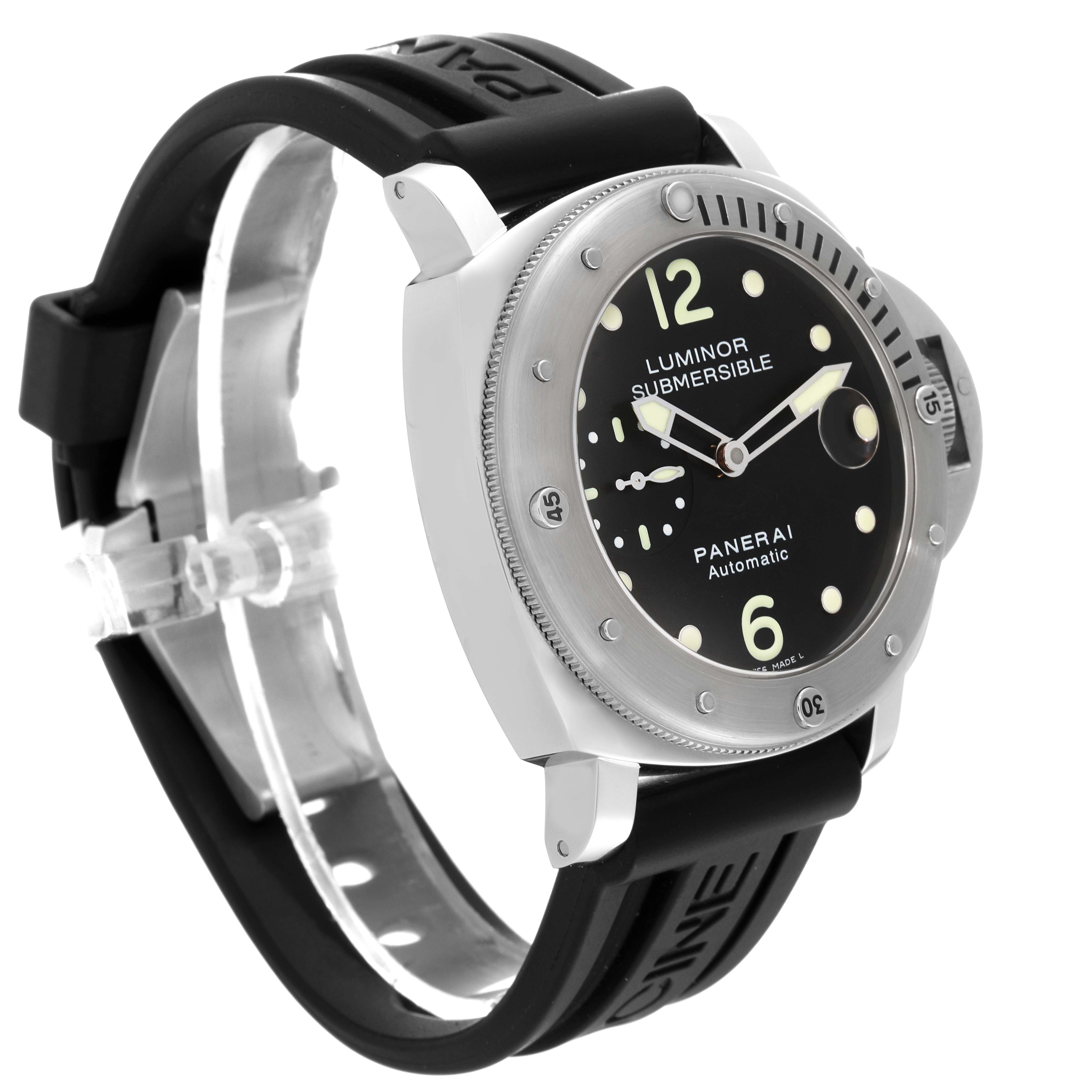 The Panerai Luminor Submersible watch is shown at an angle revealing the bezel, dial, and rubber strap.