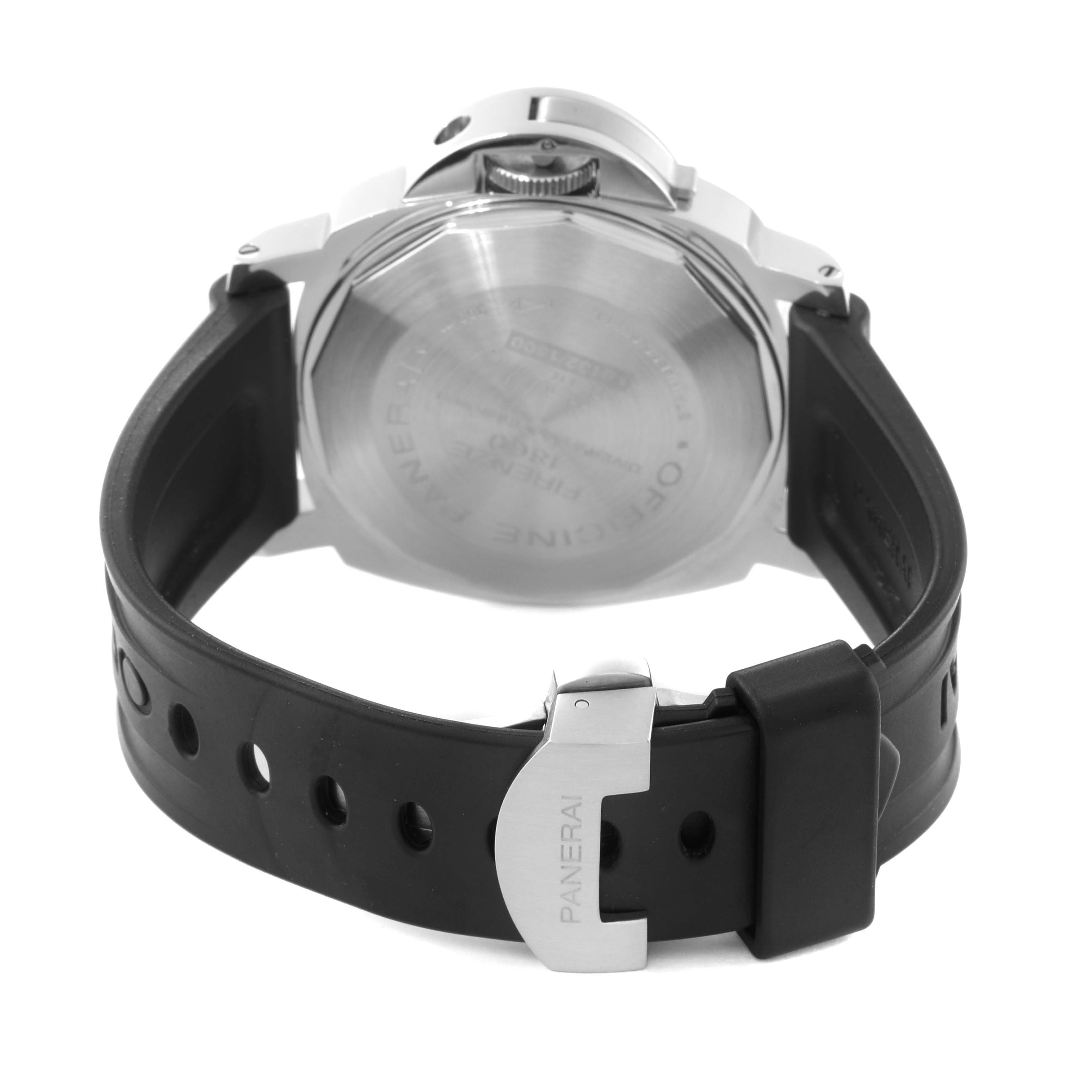 The image shows the back view of a Panerai Submersible PAM00024 Men's Stainless Steel Black Dial PAM00024 Men's Stainless Steel Black Dial watch, featuring the case back, crown guard, and rubber strap with buckle.