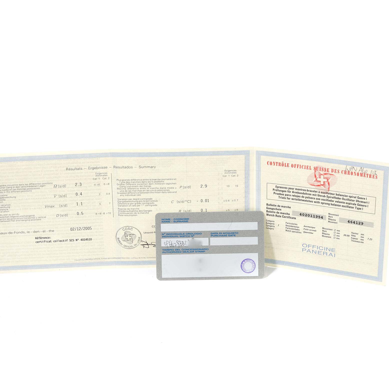 The image shows the warranty and certification papers for a Panerai Submersible PAM00024 Men's Stainless Steel Black Dial PAM00024 Men's Stainless Steel Black Dial watch.