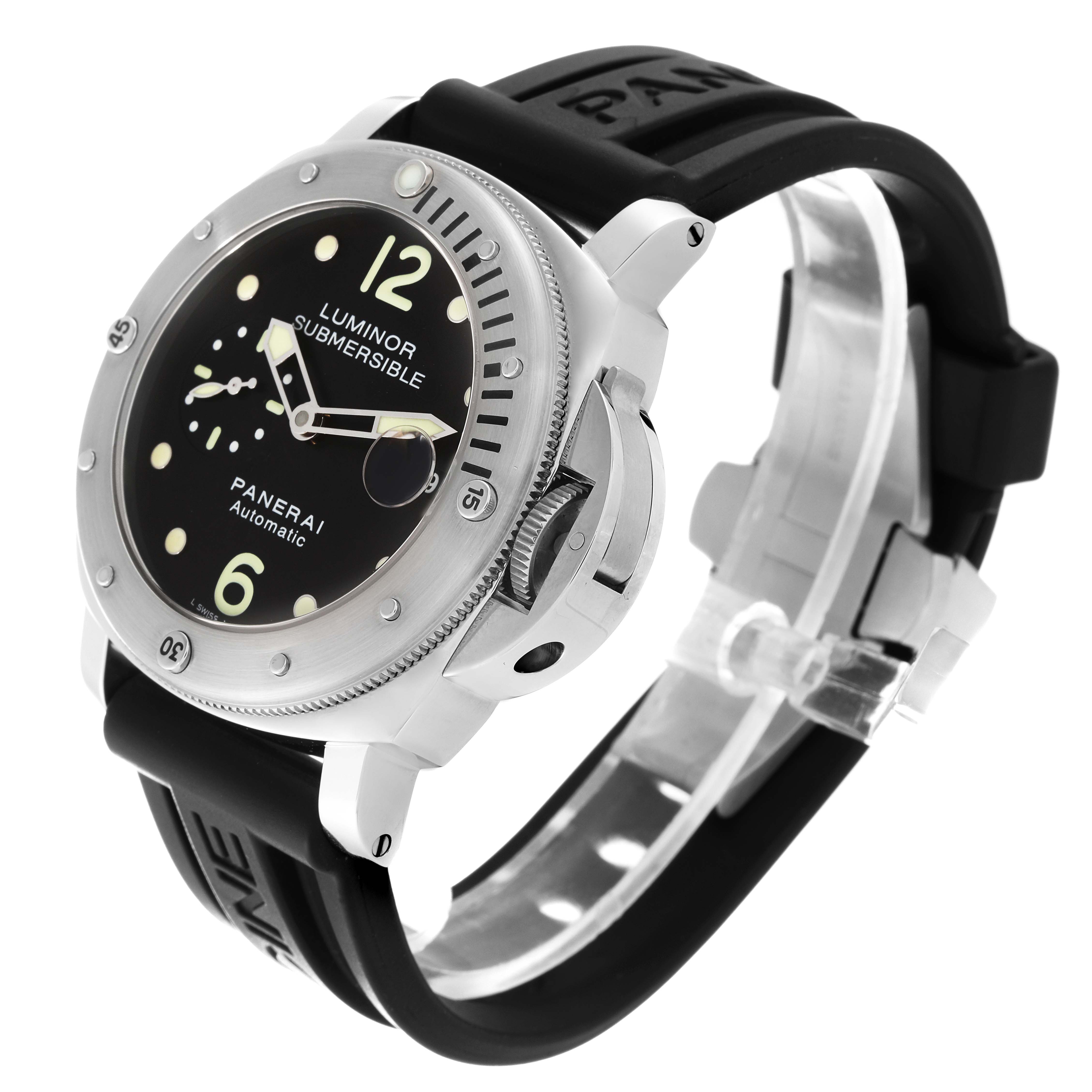 The image shows a side view of the Panerai Submersible PAM00024 Men's Stainless Steel Black Dial PAM00024 Men's Stainless Steel Black Dial watch, highlighting its dial, bezel, crown guard, and black rubber strap.