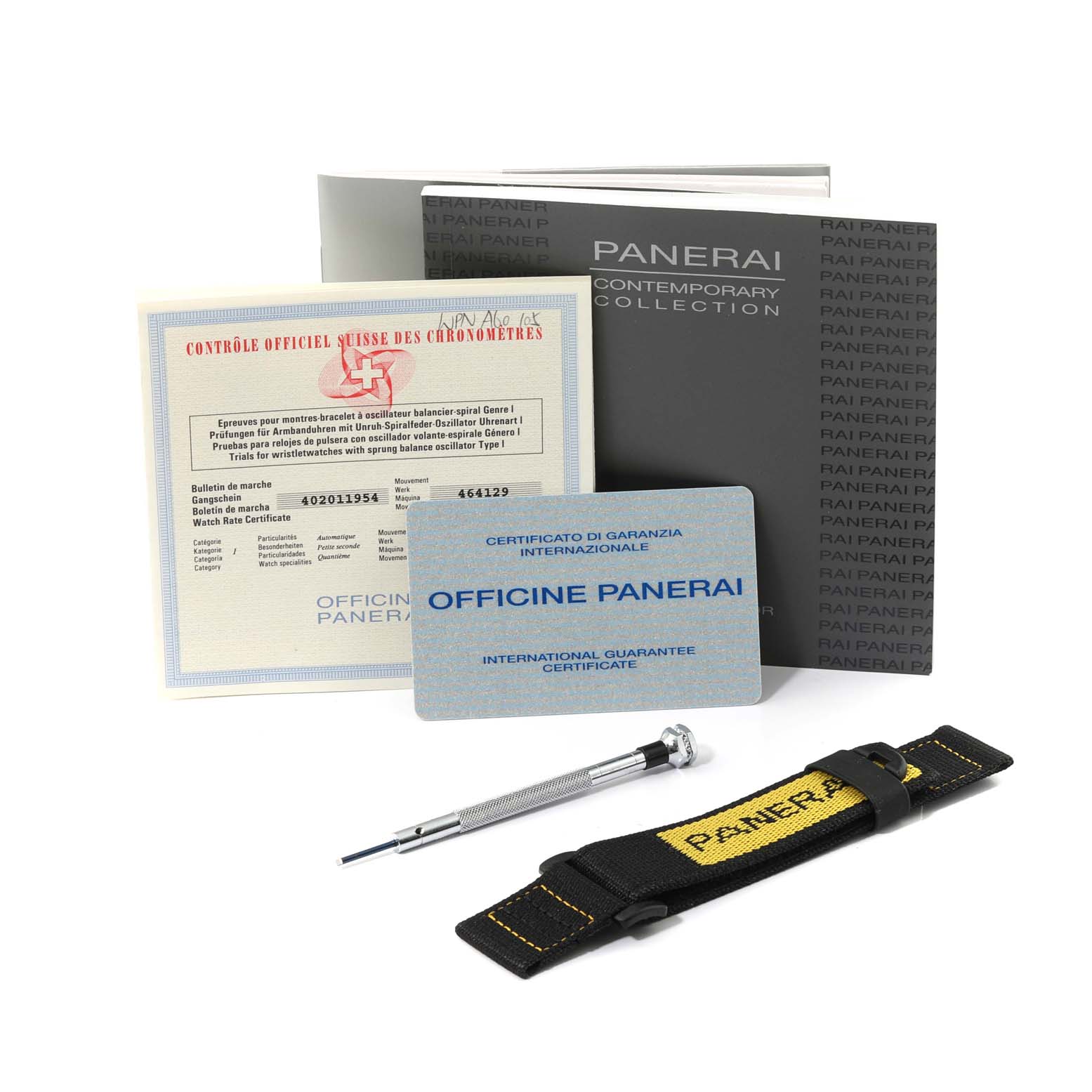 The image shows accessories for the Panerai Submersible PAM00024 Men's Stainless Steel Black Dial PAM00024 Men's Stainless Steel Black Dial, including manuals, certificates, a screwdriver, and an additional strap.