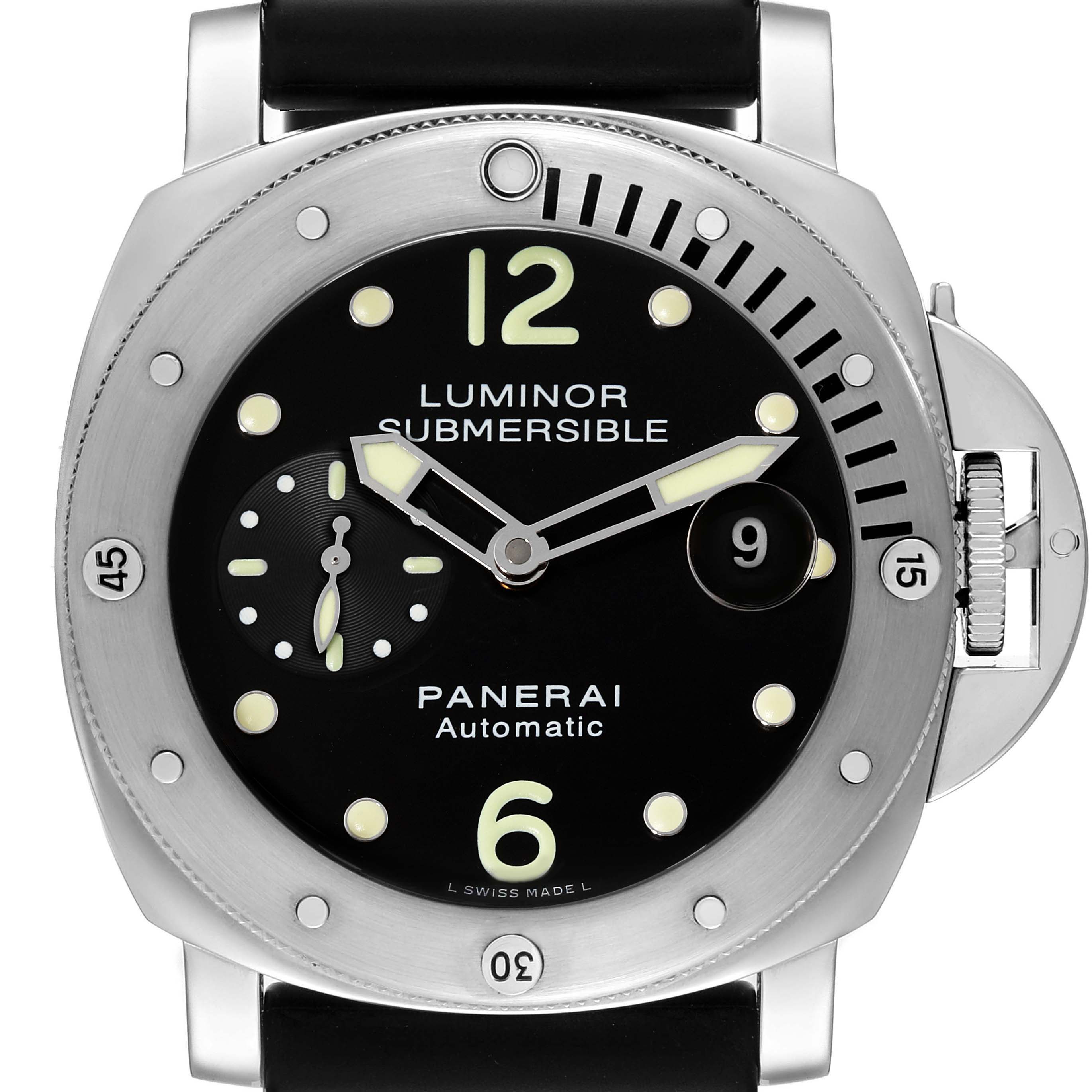 This is a front view of the Panerai Submersible PAM00024 Men's Stainless Steel Black Dial PAM00024 Men's Stainless Steel Black Dial watch, showing the dial, bezel, and the crown guard mechanism.