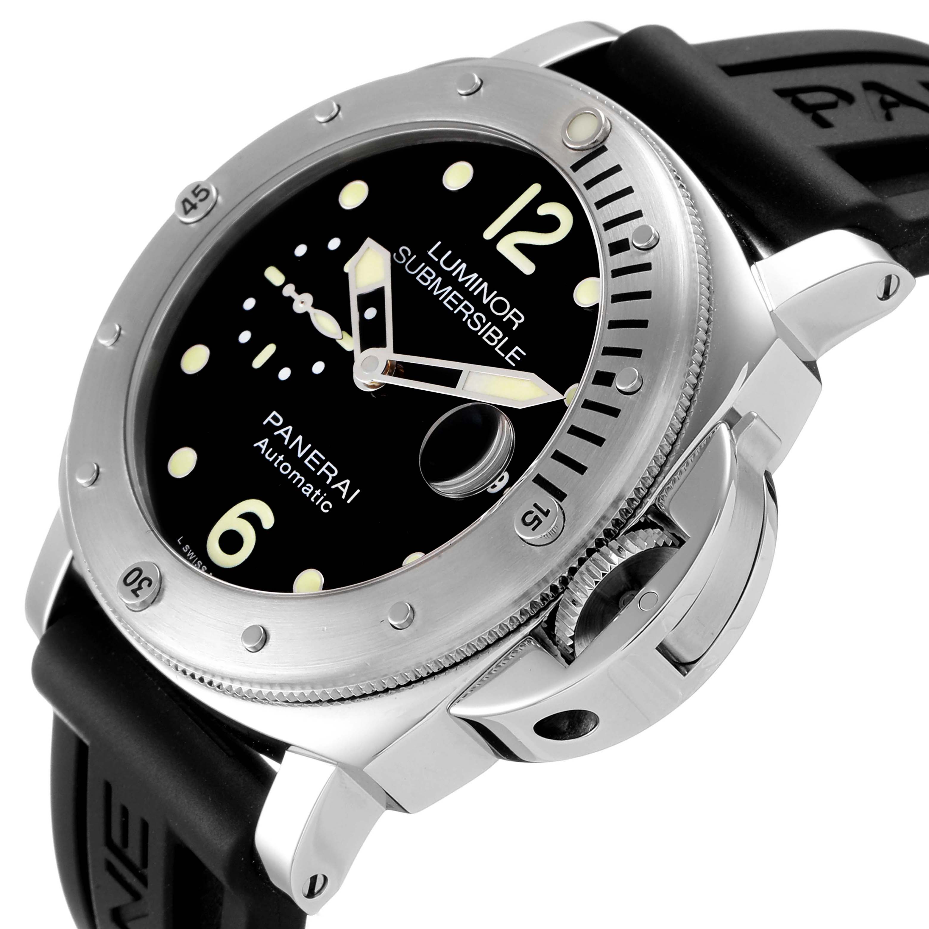 This image shows a close-up of the front and right side of a Panerai Luminor Submersible watch, including the bezel, dial, and crown guard.