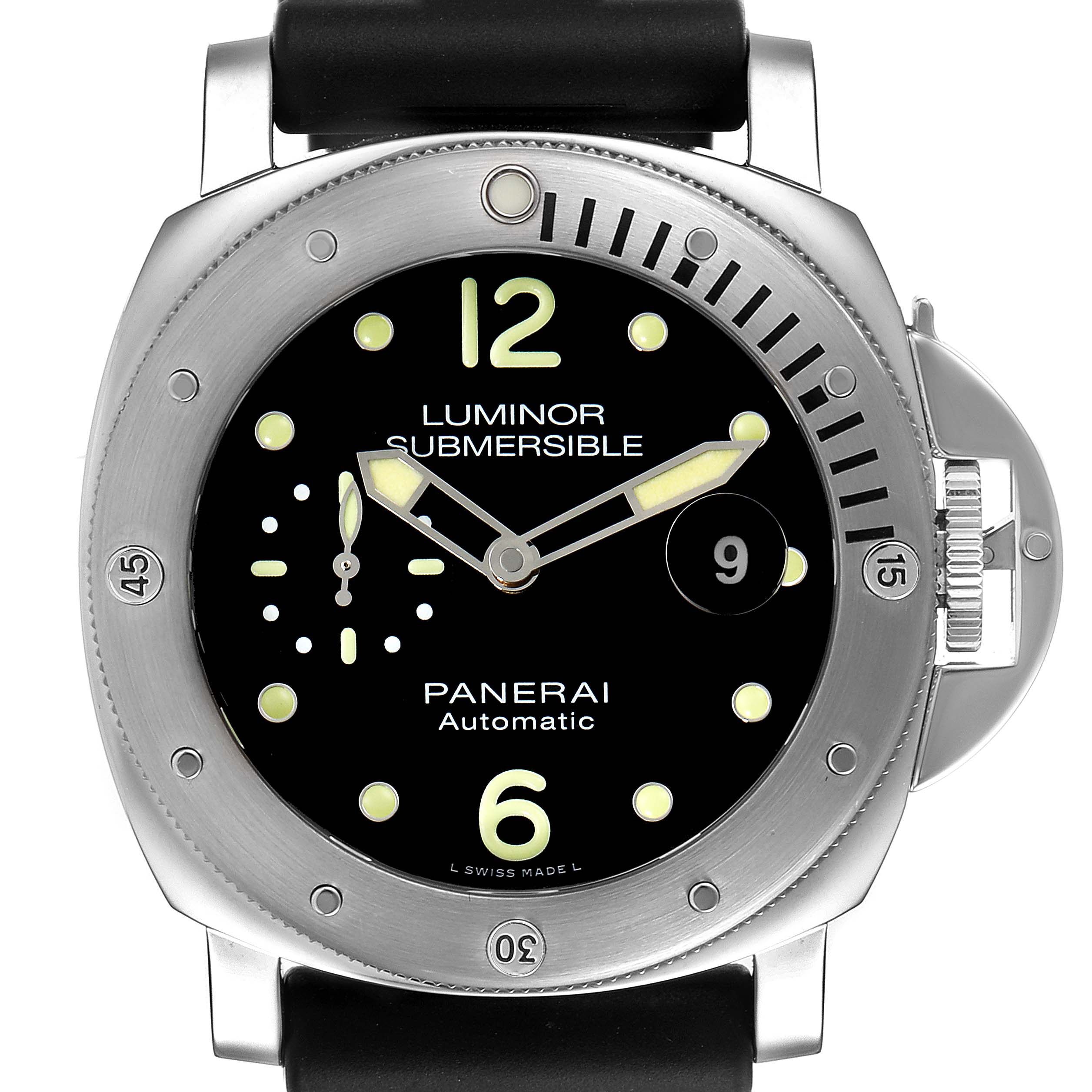 The image shows a front view of the Panerai Luminor Submersible watch, highlighting its bezel, dial, and crown guard.
