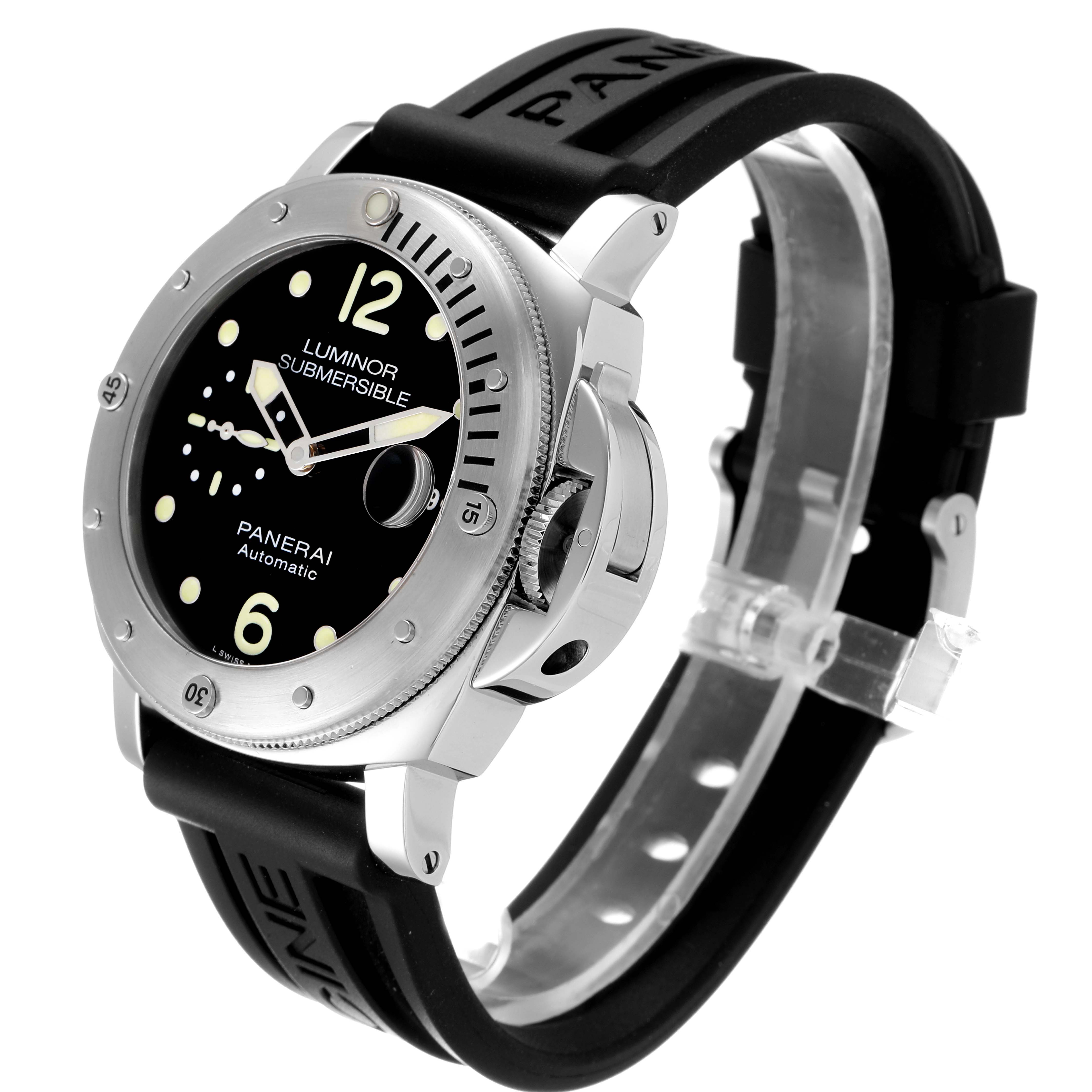 The Panerai Luminor Submersible watch is shown at a three-quarter angle, displaying the dial, case, bezel, and black rubber strap.