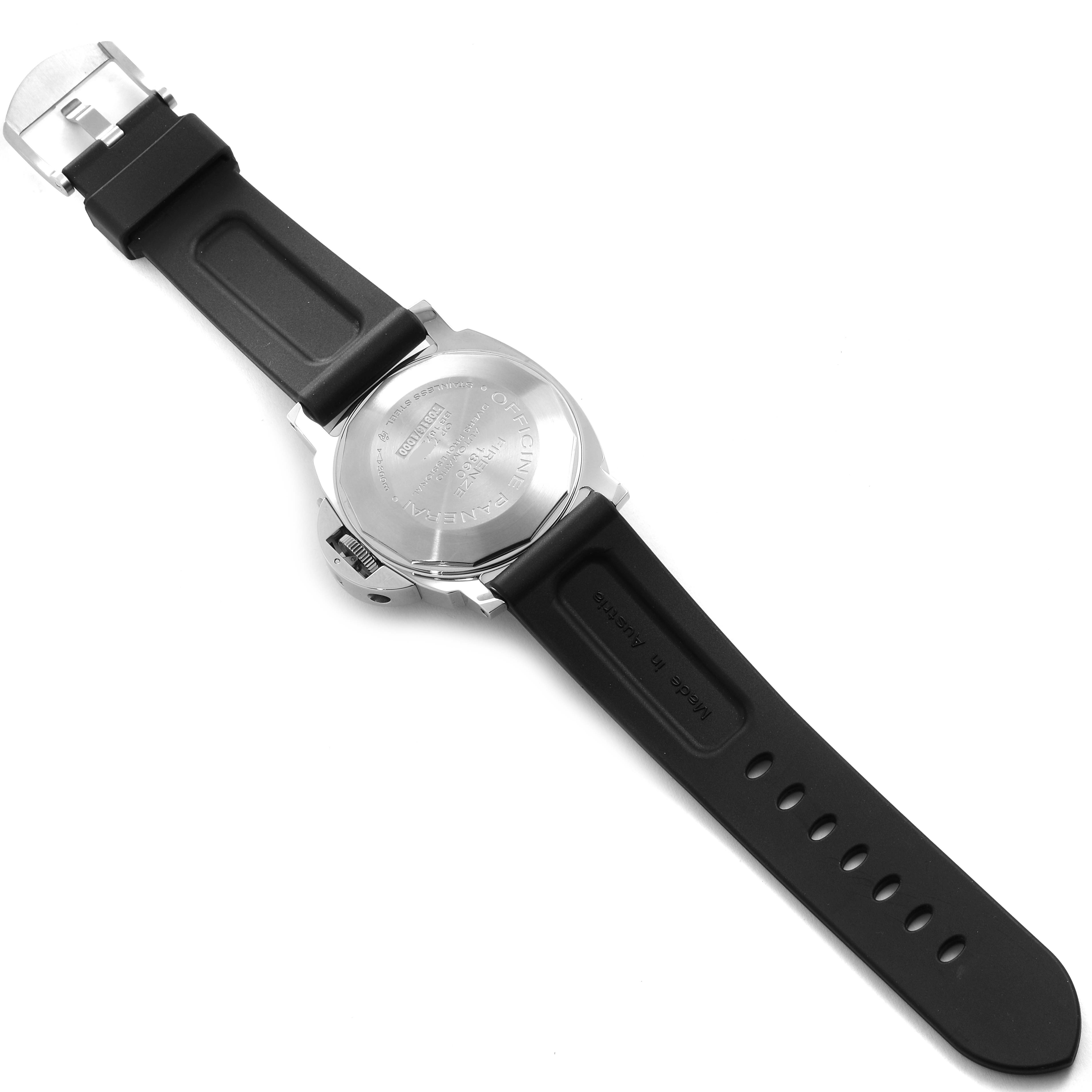 The image shows the back view of a Panerai Submersible PAM01024 Men's Stainless Steel Black Dial PAM01024 Men's Stainless Steel Black Dial watch, highlighting its case back, crown, and rubber strap.