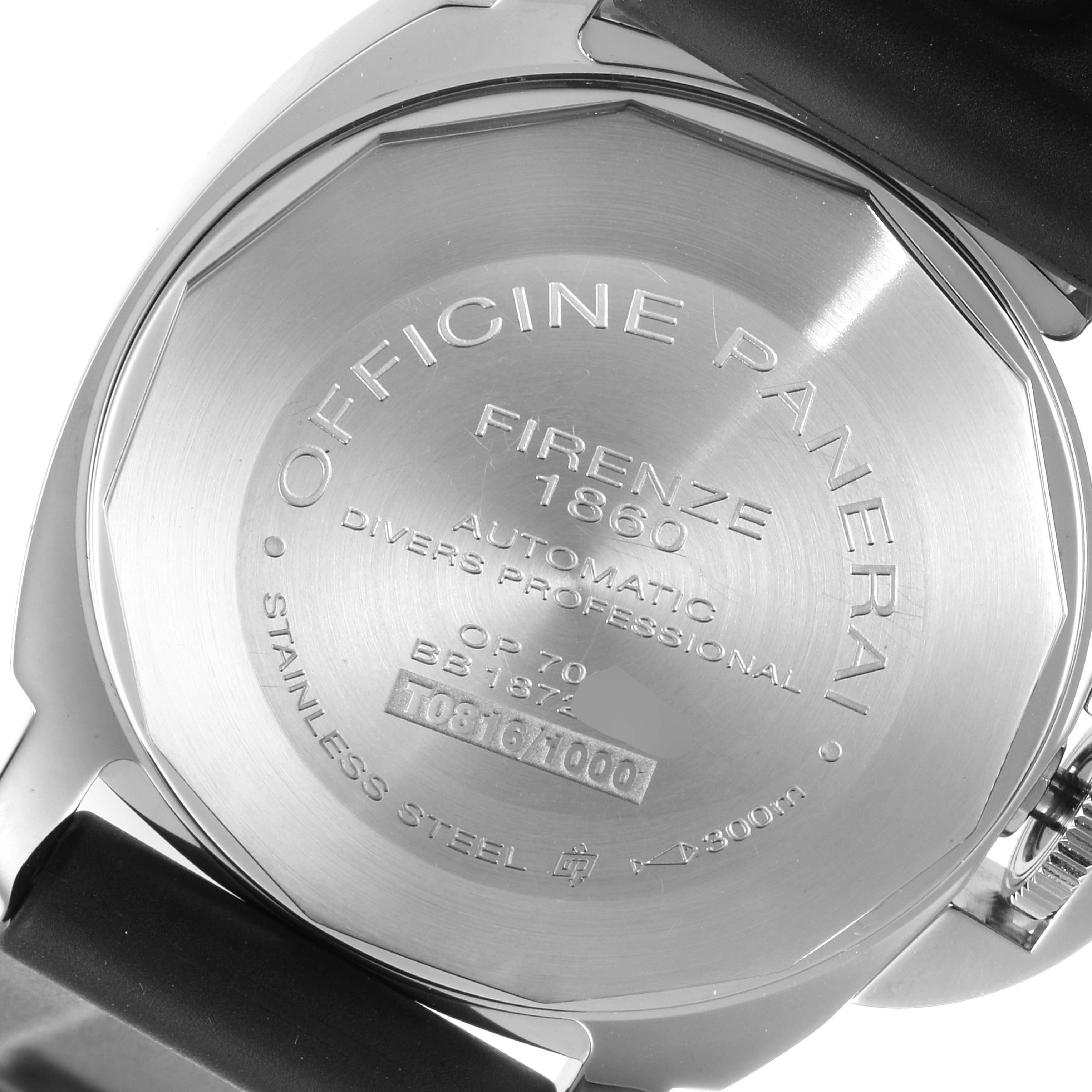 This image shows the back case of a Panerai Submersible PAM01024 Men's Stainless Steel Black Dial PAM01024 Men's Stainless Steel Black Dial watch, highlighting the engravings and stainless steel material.