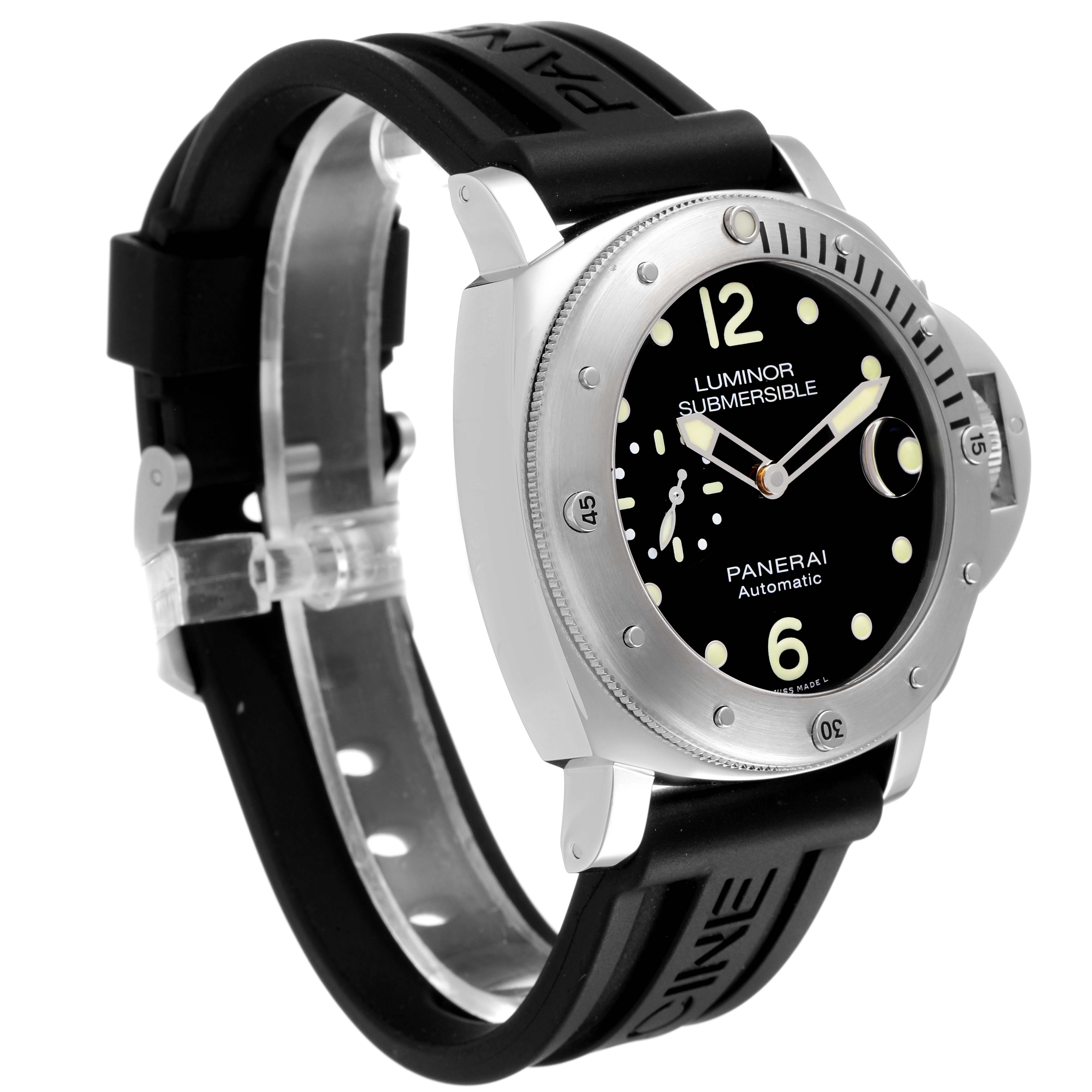 This image shows a Panerai Submersible PAM01024 Men's Stainless Steel Black Dial PAM01024 Men's Stainless Steel Black Dial watch at a slight angle, highlighting its face, case, bezel, and rubber strap.