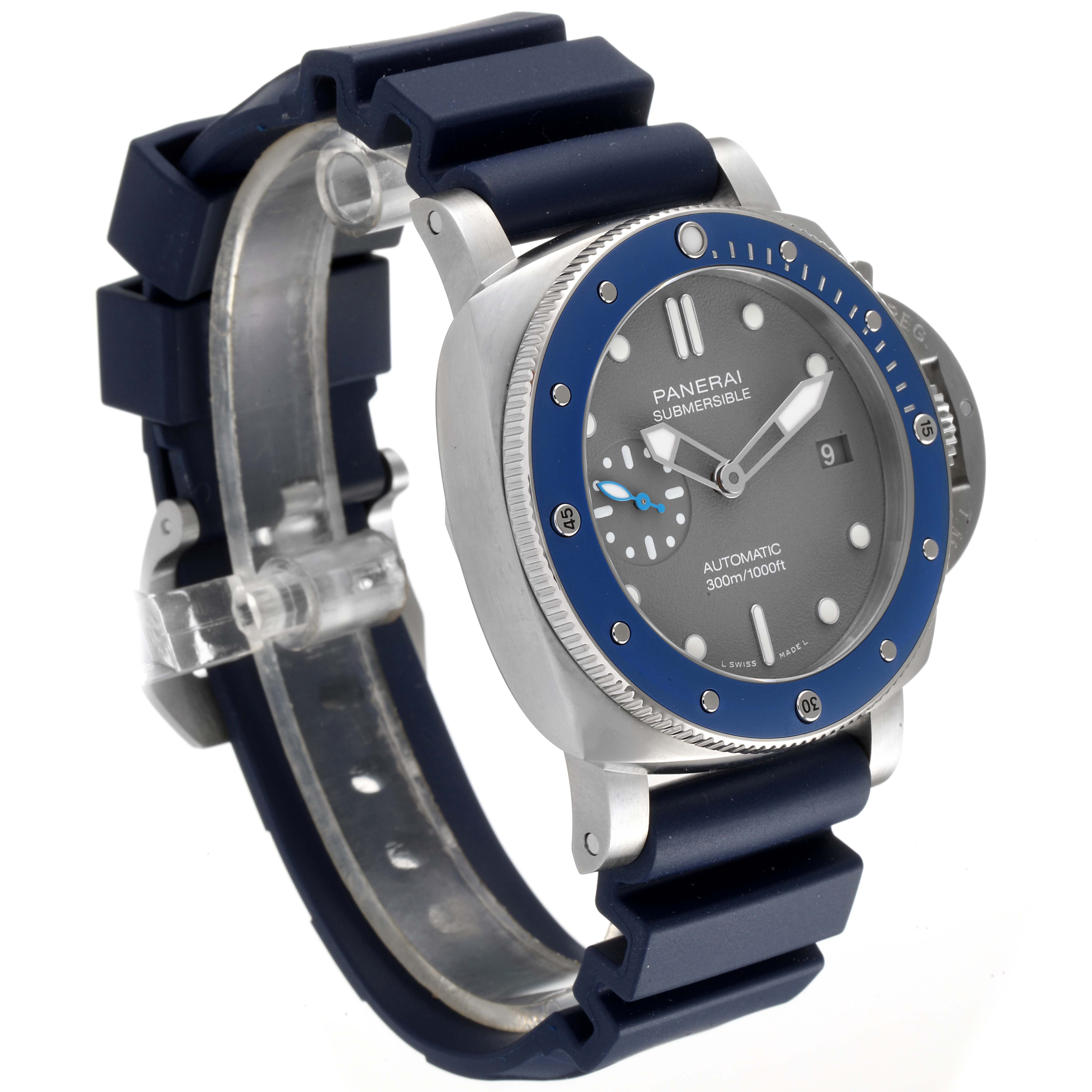 The image shows a side-angle view of the Panerai Submersible PAM00959 Men
s Stainless Steel Grey Dial PAM00959 Men
s Stainless Steel Grey Dial watch, highlighting its bezel, dial, and blue rubber strap.