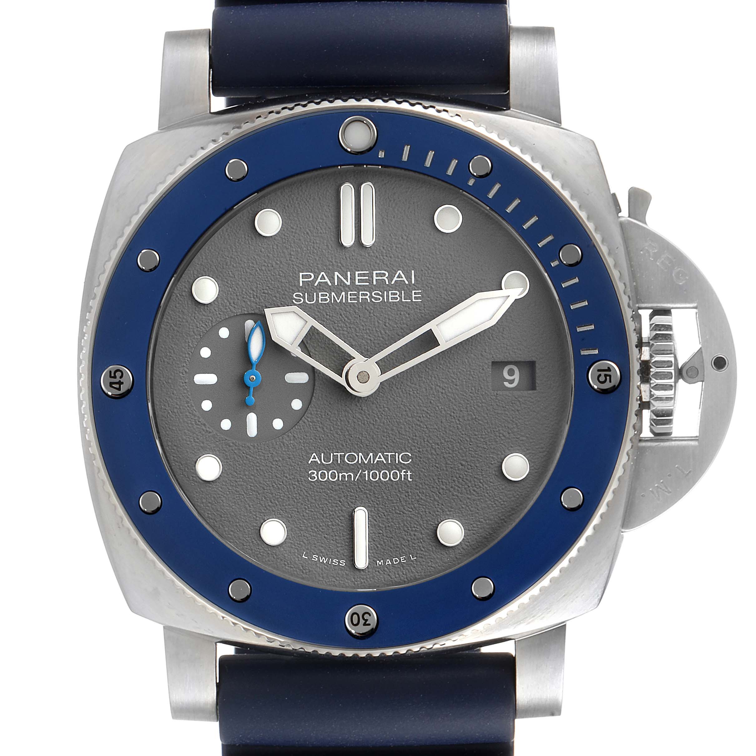 The image shows a front view of a Panerai Submersible PAM00959 Men
s Stainless Steel Grey Dial PAM00959 Men
s Stainless Steel Grey Dial watch, displaying its dial, hands, bezel, and part of the strap.