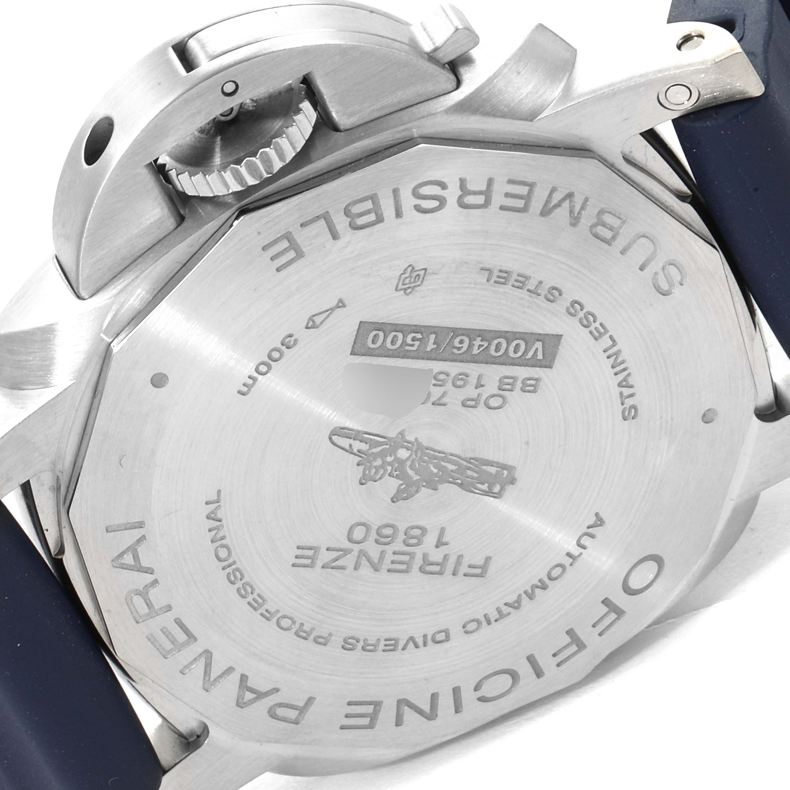 The image shows the back case and crown guard of the Panerai Submersible PAM00959 Men
s Stainless Steel Grey Dial PAM00959 Men
s Stainless Steel Grey Dial watch, highlighting its engravings and serial numbers.