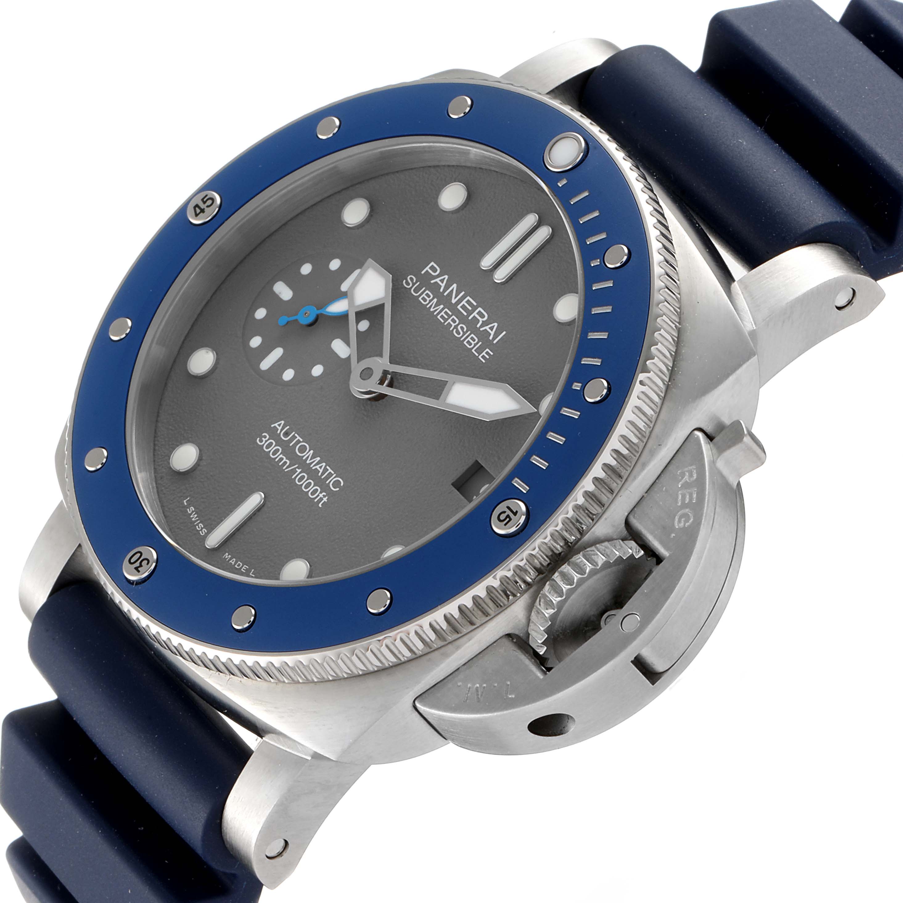 This image shows a Panerai Submersible PAM00959 Men
s Stainless Steel Grey Dial PAM00959 Men
s Stainless Steel Grey Dial watch from an angled top view, highlighting its bezel, face, strap, and crown guard.