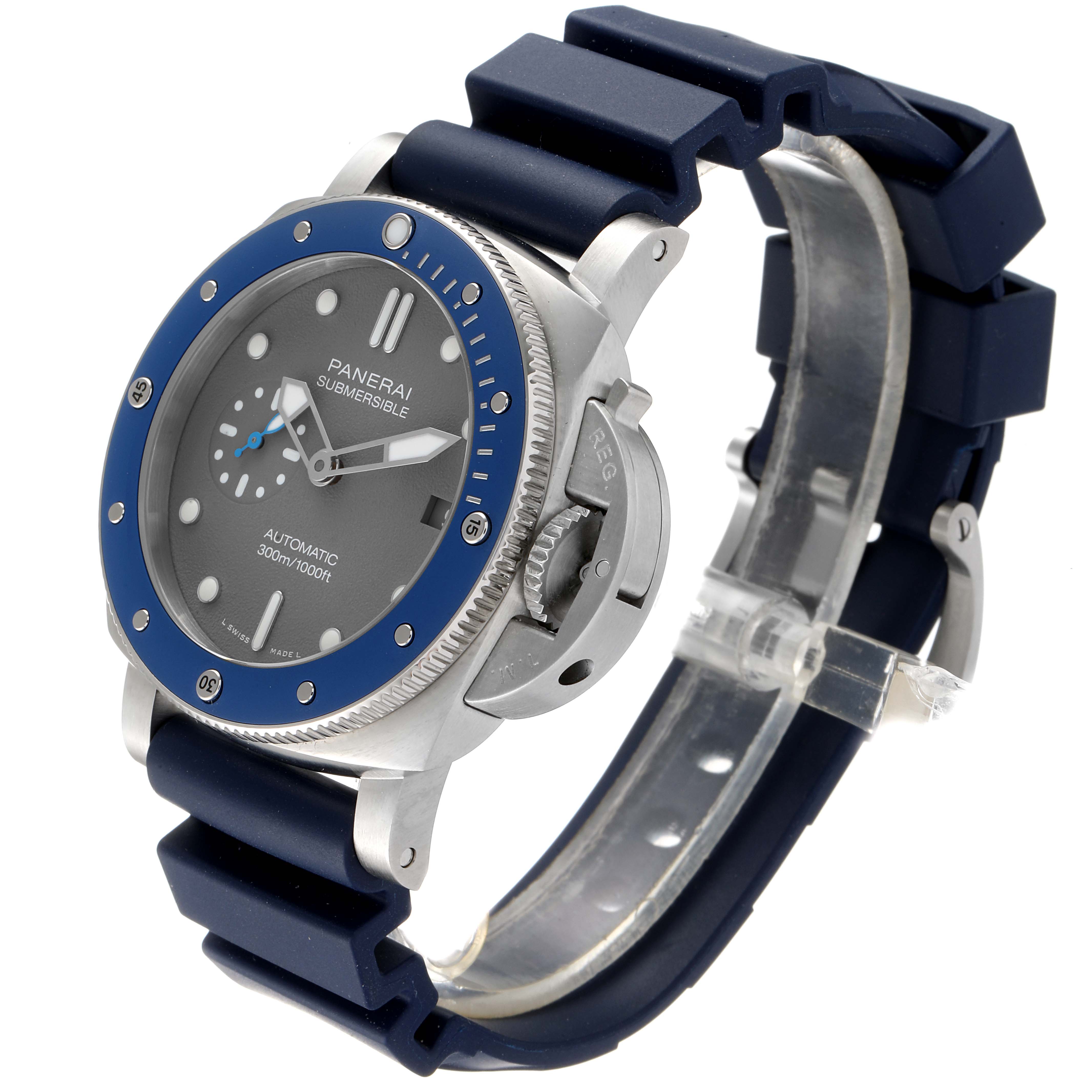 The Panerai Submersible PAM00959 Men
s Stainless Steel Grey Dial PAM00959 Men
s Stainless Steel Grey Dial watch is shown at an angled view, displaying the face, band, and crown guard.