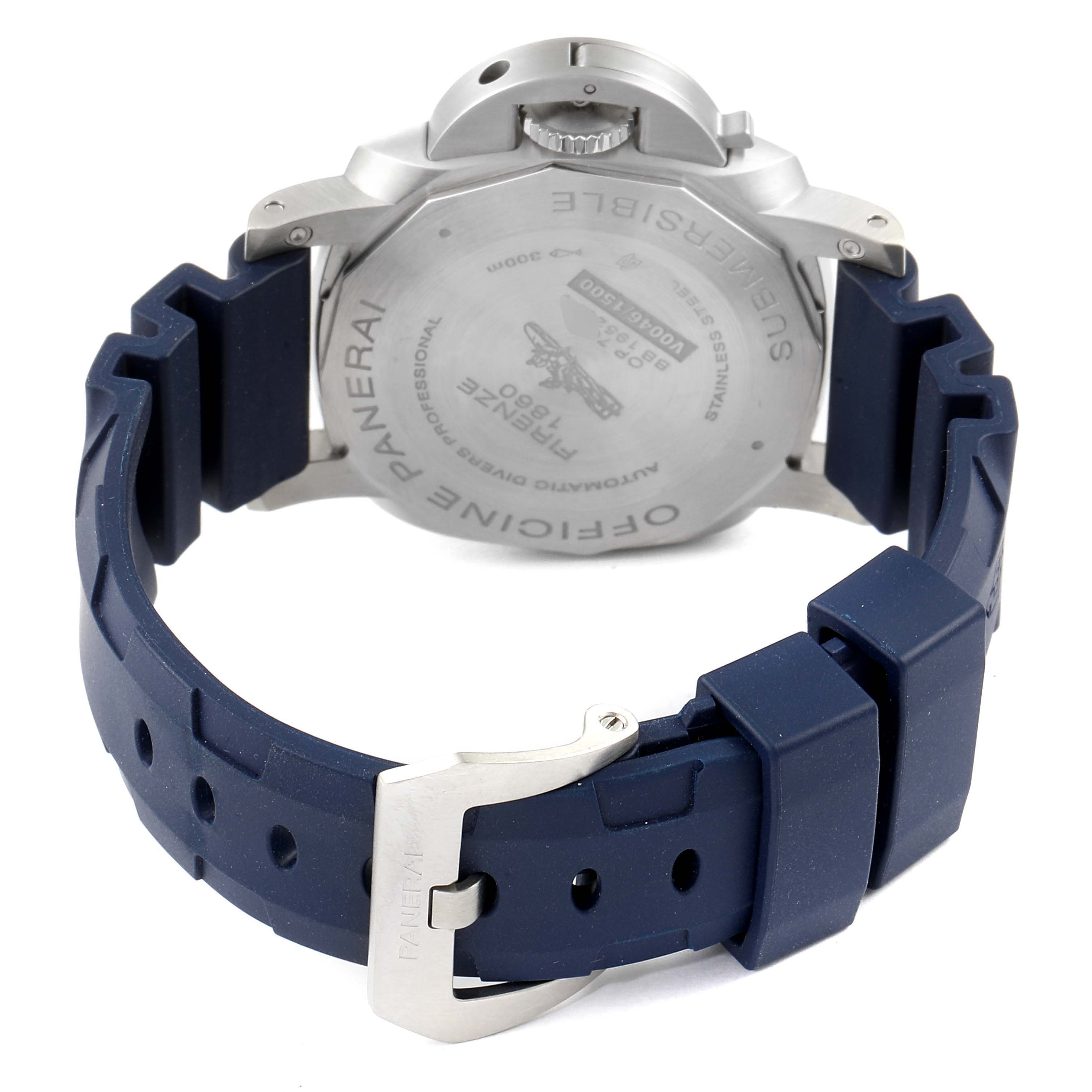 The image shows the back case and blue rubber strap of a Panerai Submersible PAM00959 Men
s Stainless Steel Grey Dial PAM00959 Men
s Stainless Steel Grey Dial watch.