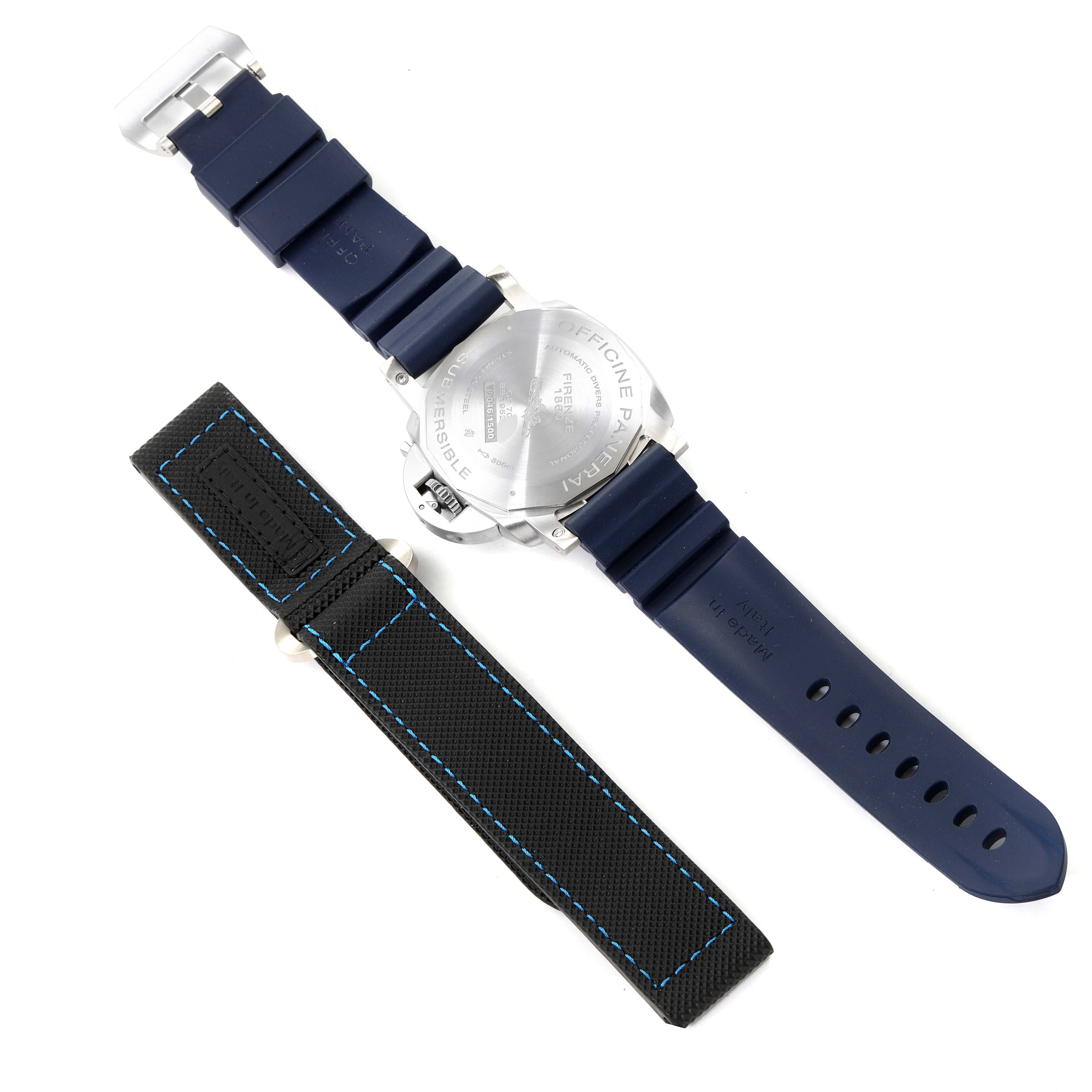 The image shows the back view of a Panerai Submersible PAM00959 Men
s Stainless Steel Grey Dial PAM00959 Men
s Stainless Steel Grey Dial watch with a blue rubber strap and an additional black strap with blue stitching.