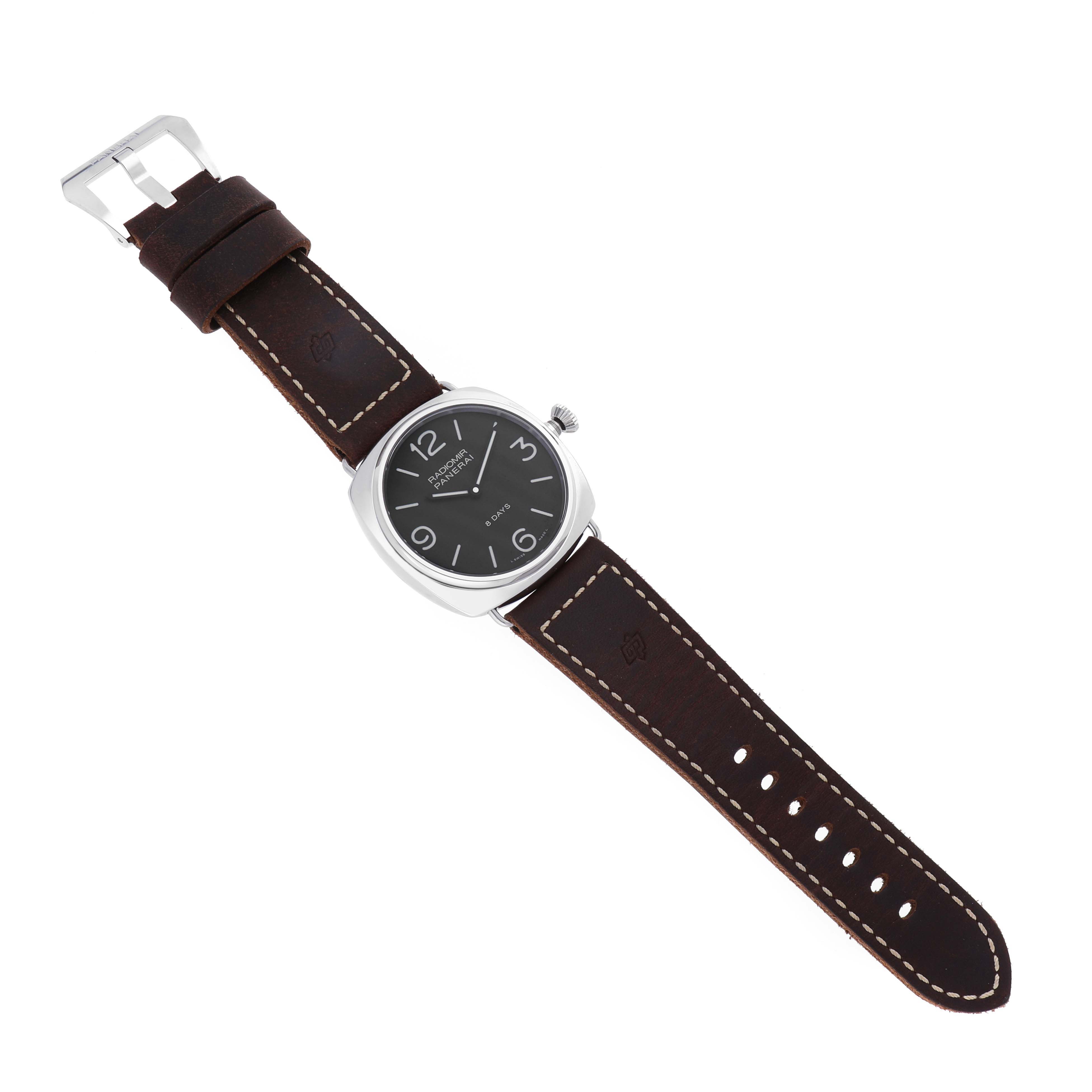 The Panerai Radiomir PAM00610 Men's Stainless Steel Black Dial watch is shown from a top-down angle, displaying the face, crown, and leather strap with stitching.