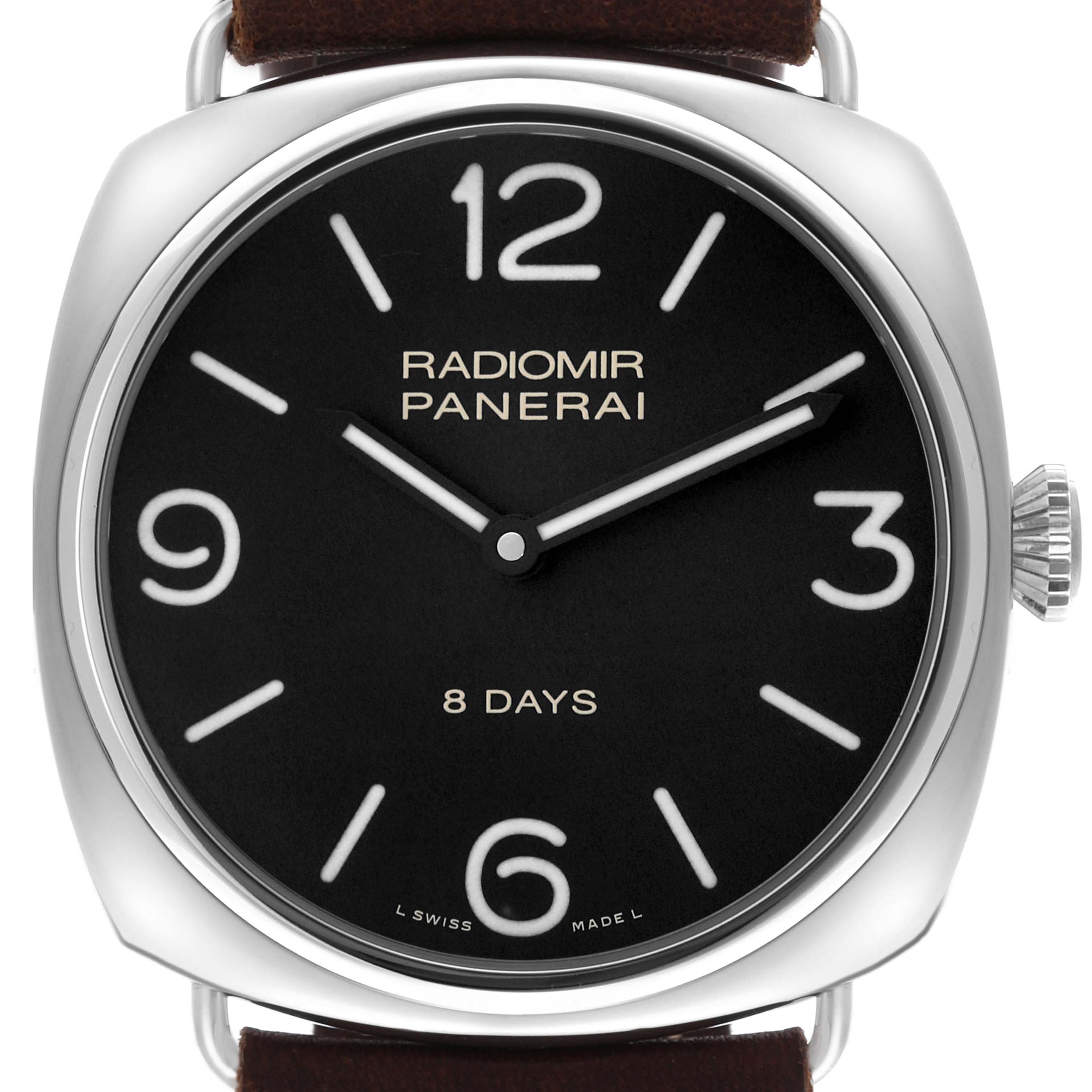 The Panerai Radiomir PAM00610 Men's Stainless Steel Black Dial watch is shown from a front angle, displaying its black dial, numerals, and crown.
