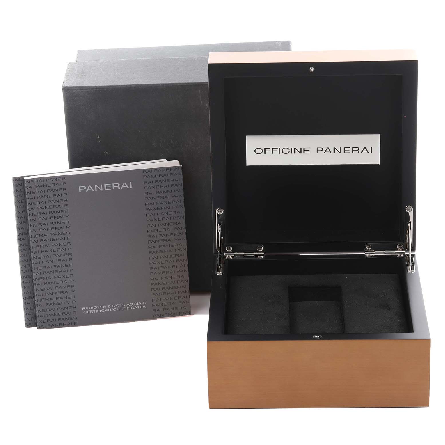 The image shows a Panerai Radiomir PAM00610 Men's Stainless Steel Black Dial watch box and booklet, revealing the brand logo and interior compartments.