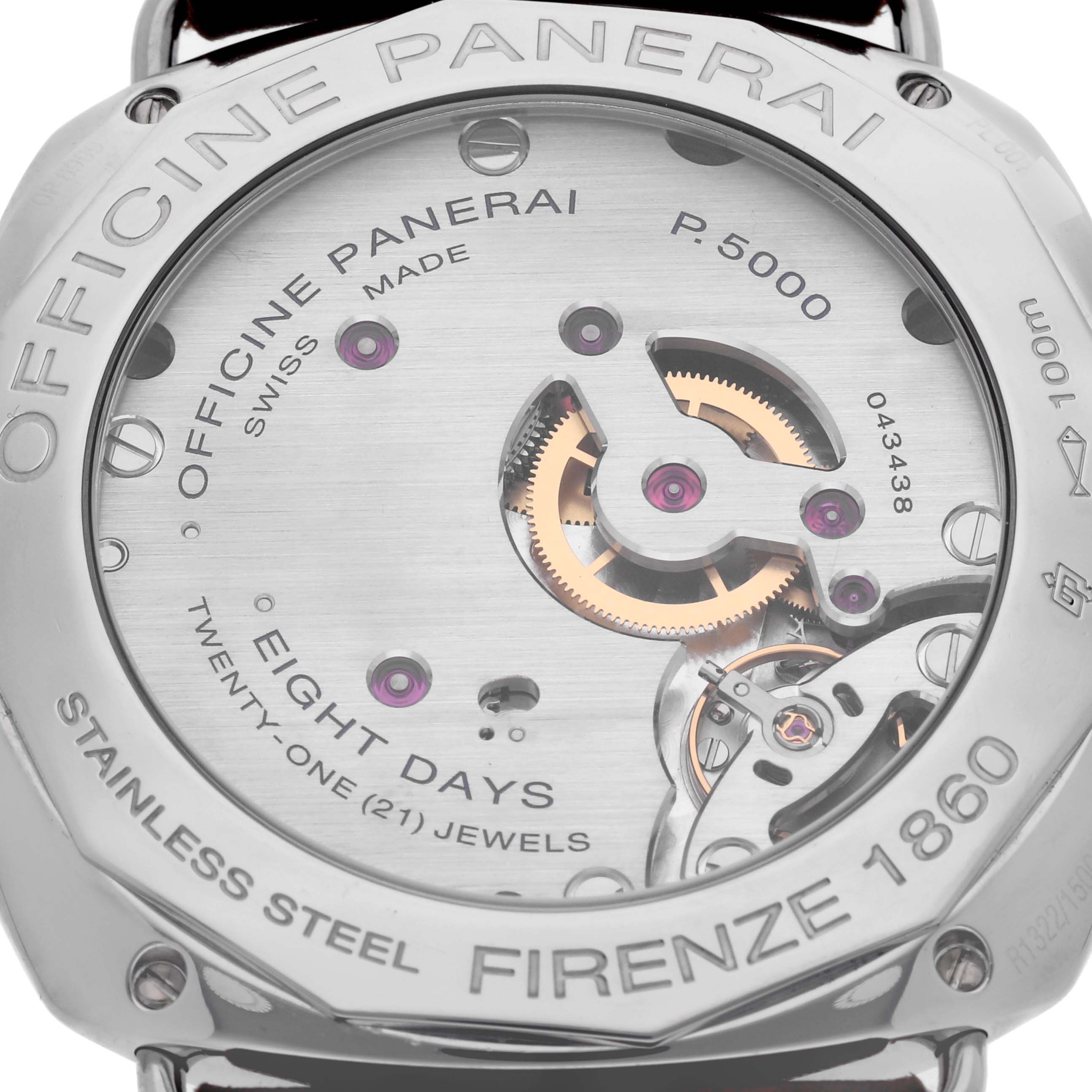 The image shows the case back of a Panerai Radiomir PAM00610 Men's Stainless Steel Black Dial watch, highlighting the movement and engravings.