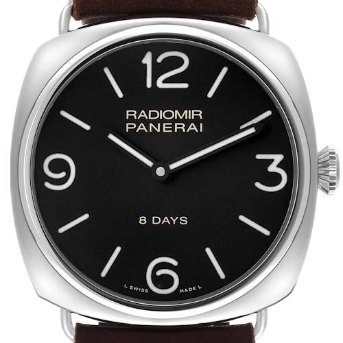 The Panerai Radiomir PAM00610 Men's Stainless Steel Black Dial watch is shown from the front, highlighting its dial, hands, numerals, and bezel.