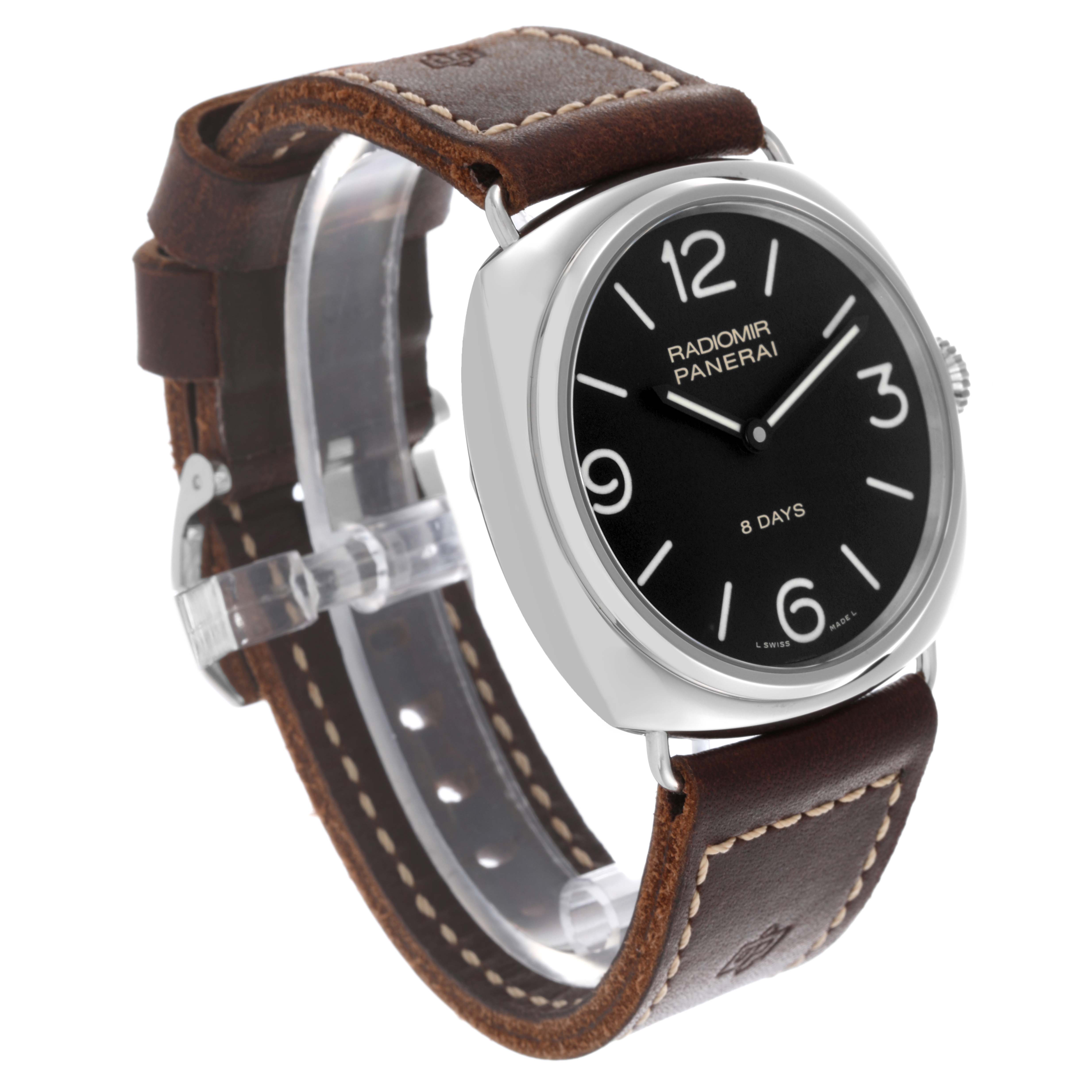 The Panerai Radiomir PAM00610 Men's Stainless Steel Black Dial watch is shown at a three-quarter angle, displaying its face, case, and brown leather strap with stitching.