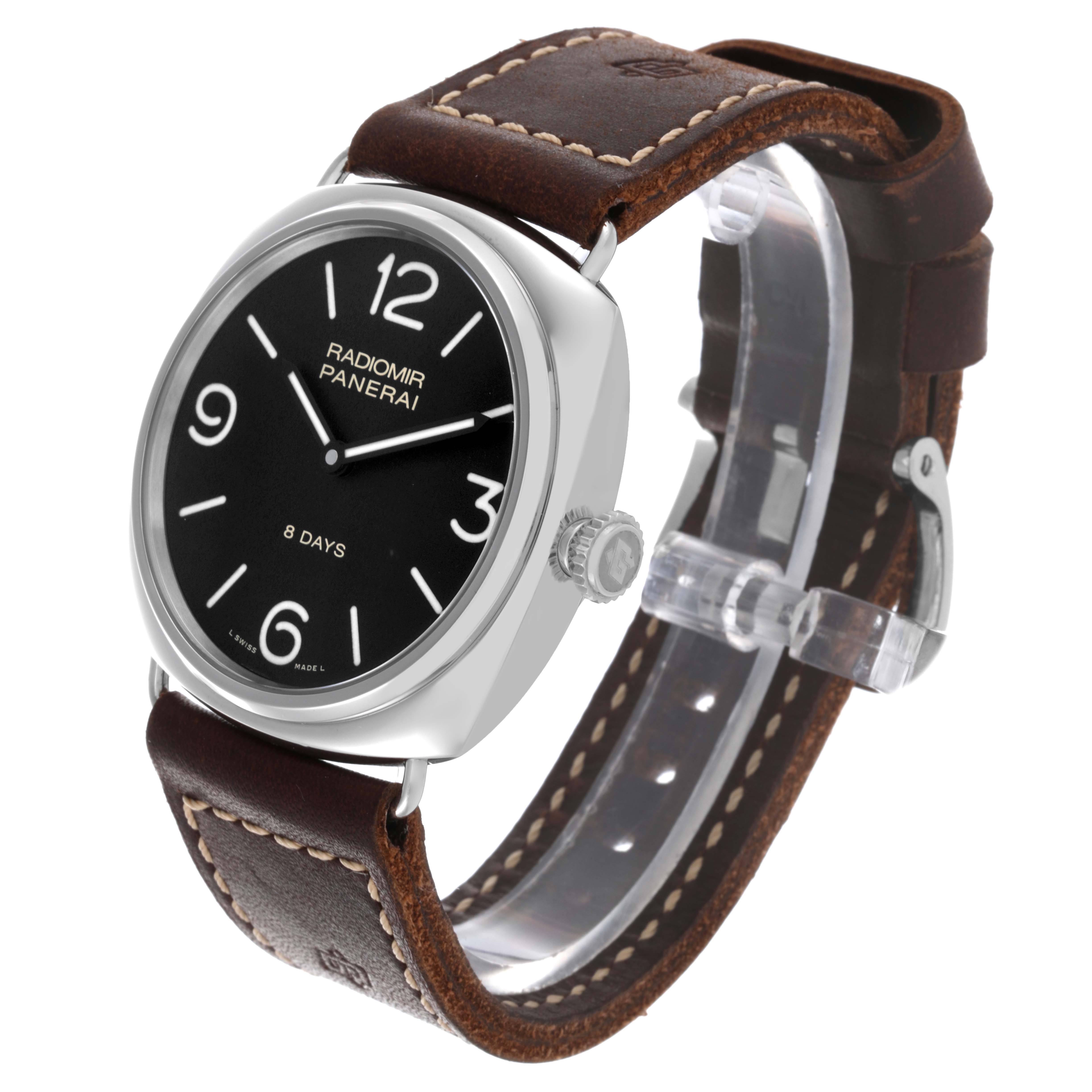 The Panerai Radiomir PAM00610 Men's Stainless Steel Black Dial watch is shown at a slight angle, highlighting its face, crown, and leather strap with stitching.