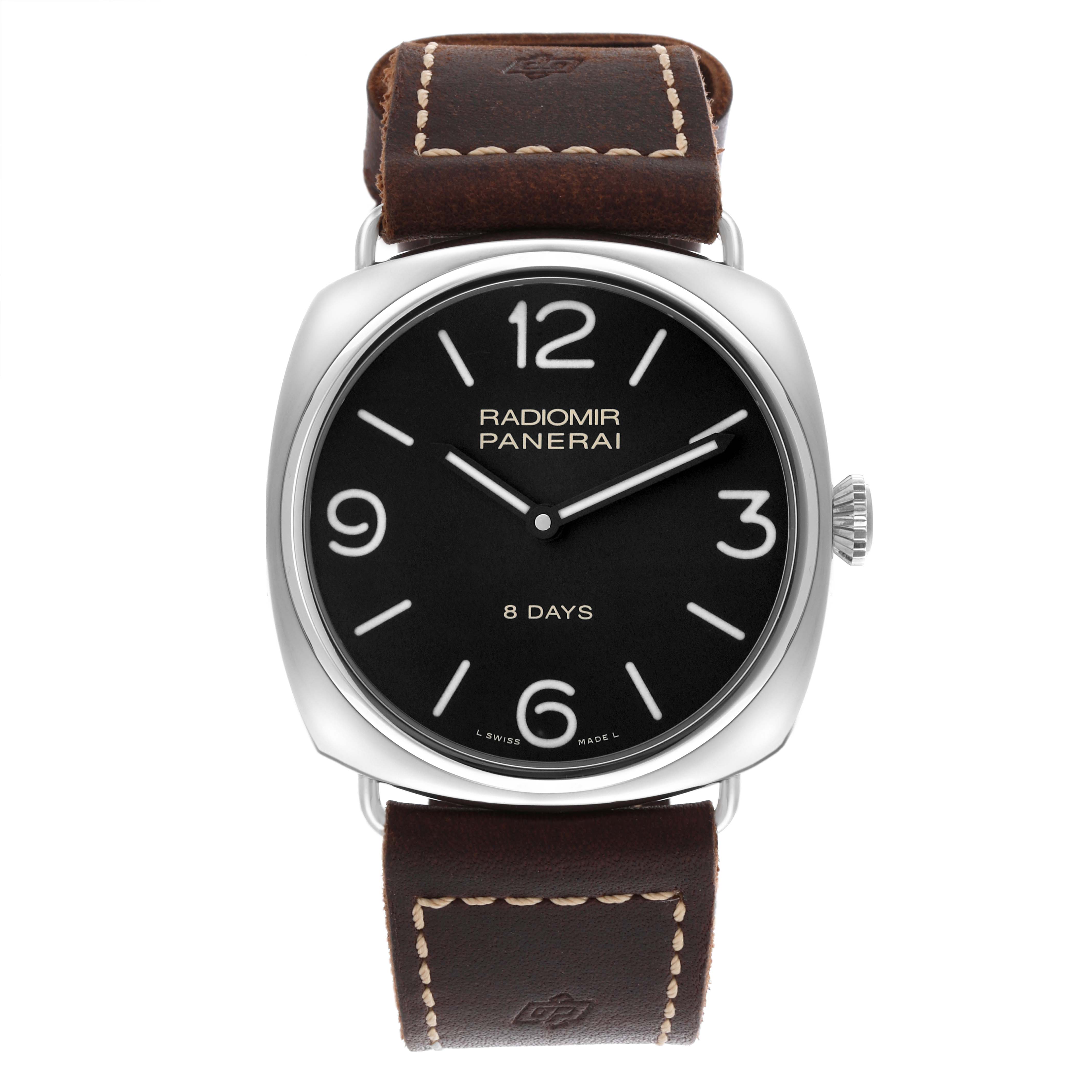 The image shows a front view of the Panerai Radiomir PAM00610 Men's Stainless Steel Black Dial watch, highlighting its black dial, numerals, and brown leather strap.