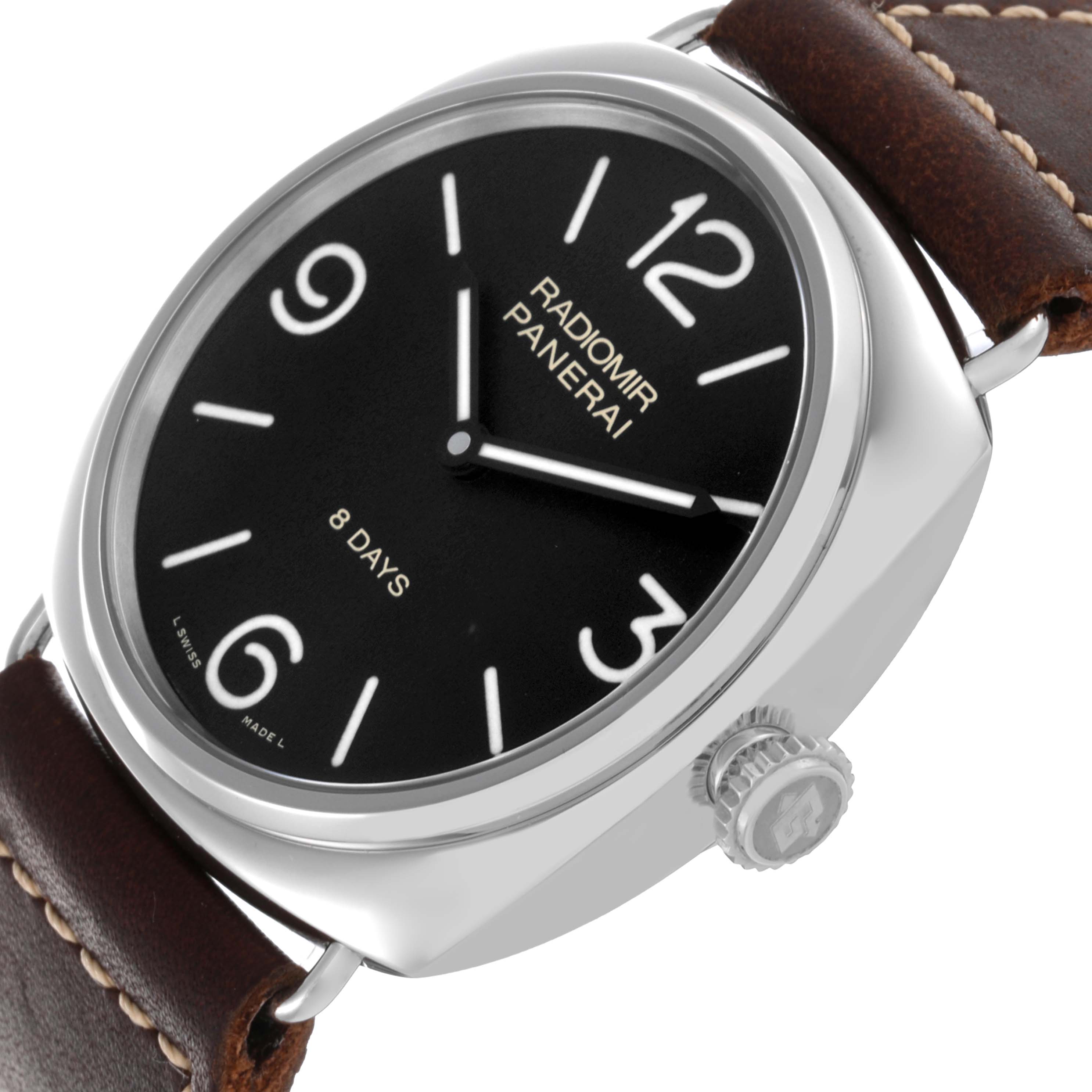 The Panerai Radiomir PAM00610 Men's Stainless Steel Black Dial watch is shown at a slight side angle, highlighting the dial, crown, and brown leather strap.
