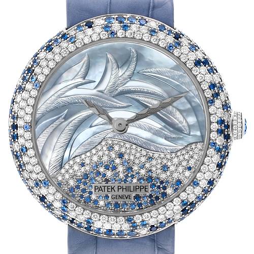The image shows a front view of a Patek Philippe Calatrava watch with a jeweled bezel and intricate dial design.