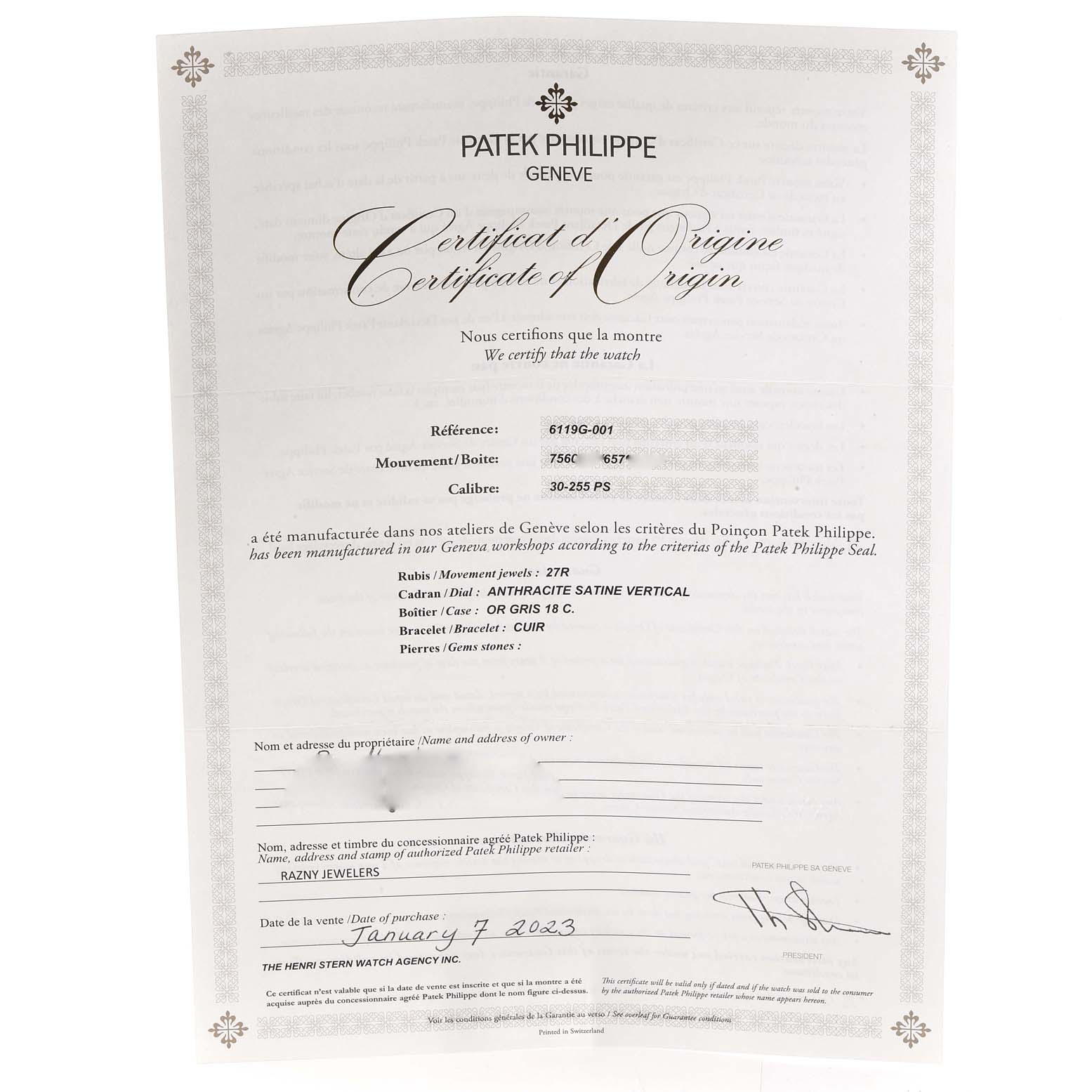 The image shows the certificate of origin for a Patek Philippe Calatrava 6119G-001 Men's White Gold Grey Dial 6119G-001 Men's White Gold Grey Dial watch.