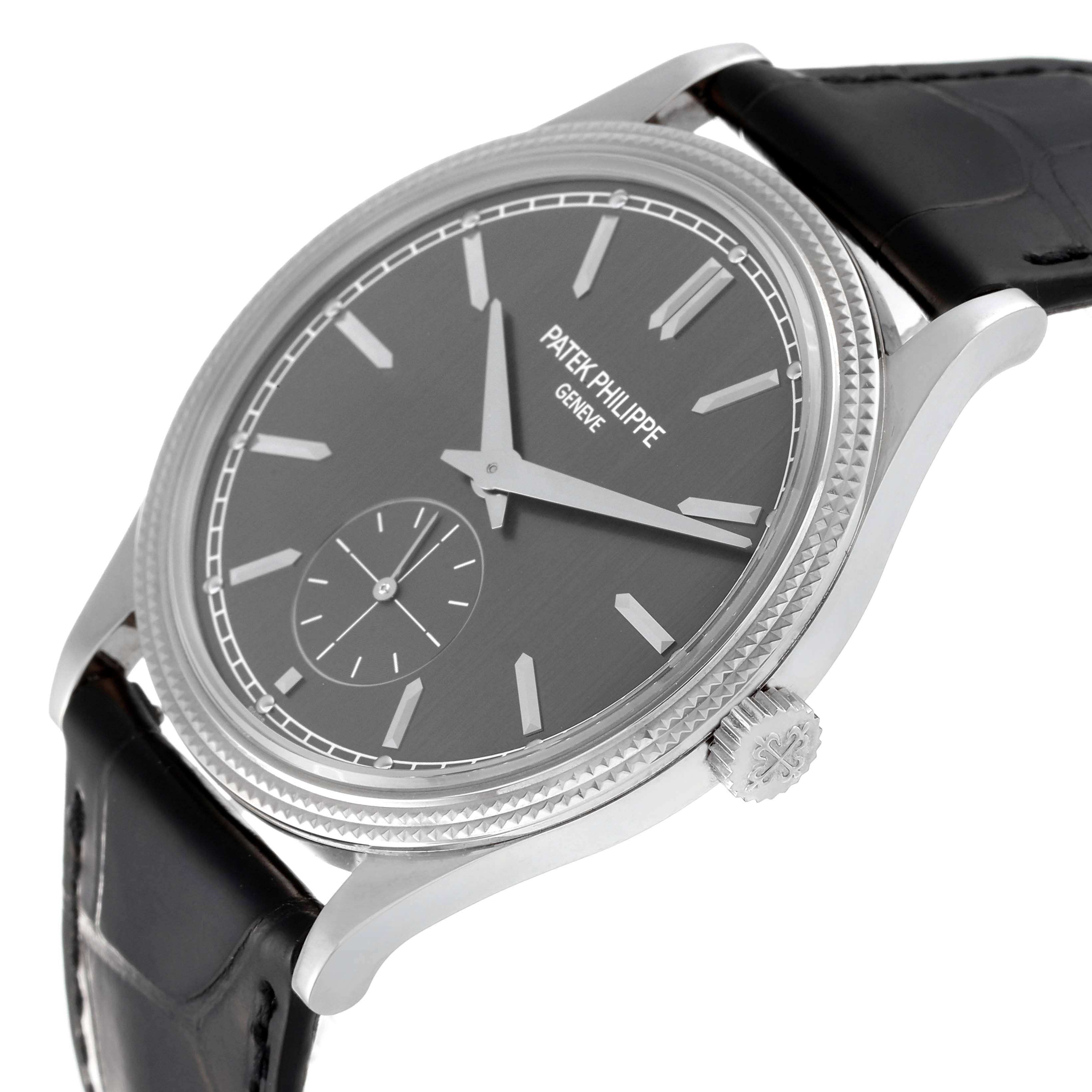 The image shows a Patek Philippe Calatrava 6119G-001 Men's White Gold Grey Dial 6119G-001 Men's White Gold Grey Dial watch at a slight angle highlighting the face, crown, and black leather strap.