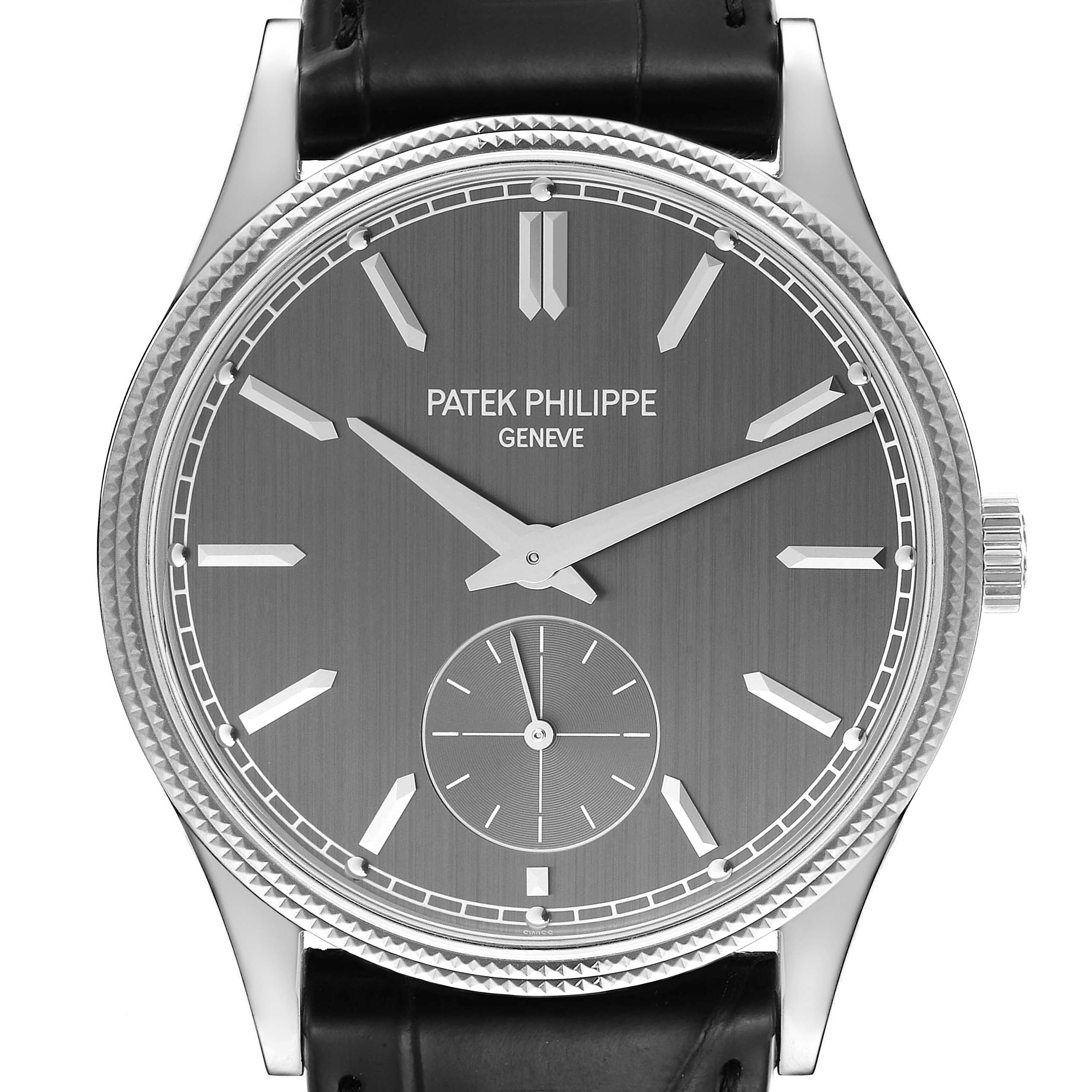 The image shows a frontal view of the Patek Philippe Calatrava 6119G-001 Men's White Gold Grey Dial 6119G-001 Men's White Gold Grey Dial watch face and part of the leather strap.