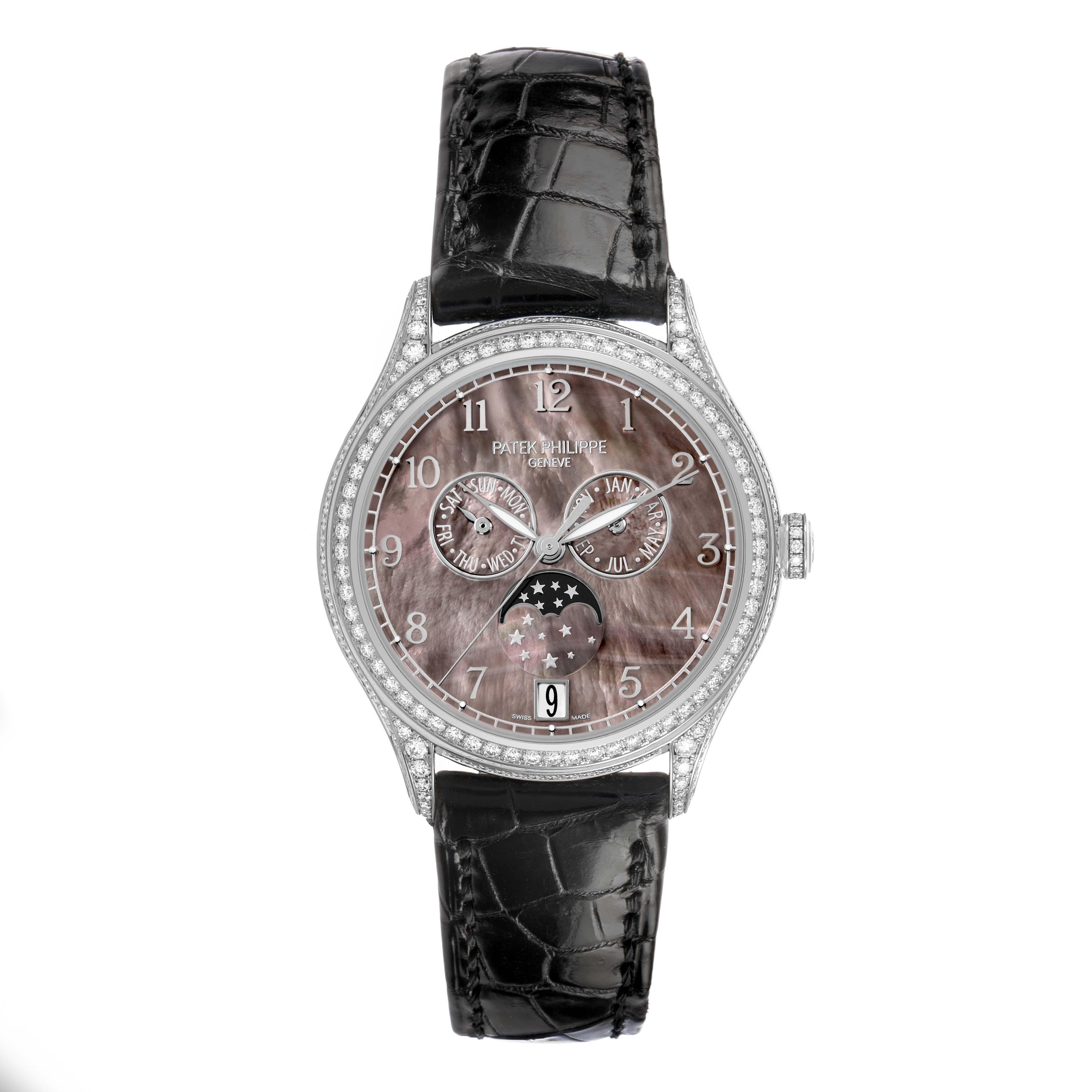 The Patek Philippe Complications 4948G Men's White Gold Mother of Pearl Dial watch is shown from the front, displaying its dial, bezel, and leather strap.