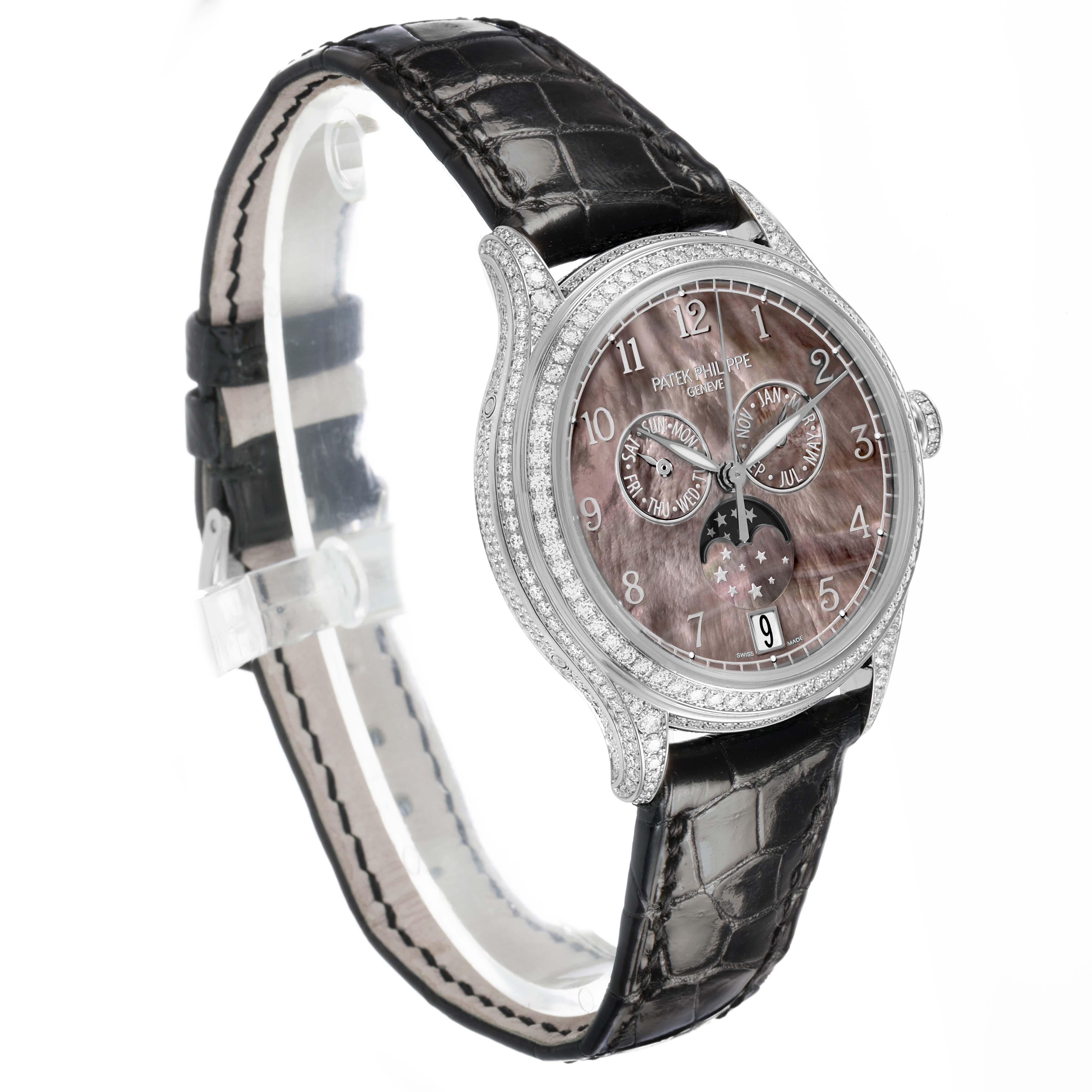 The Patek Philippe Complications 4948G Men's White Gold Mother of Pearl Dial watch is shown at a three-quarter angle, featuring a jeweled bezel, leather strap, and detailed dial.