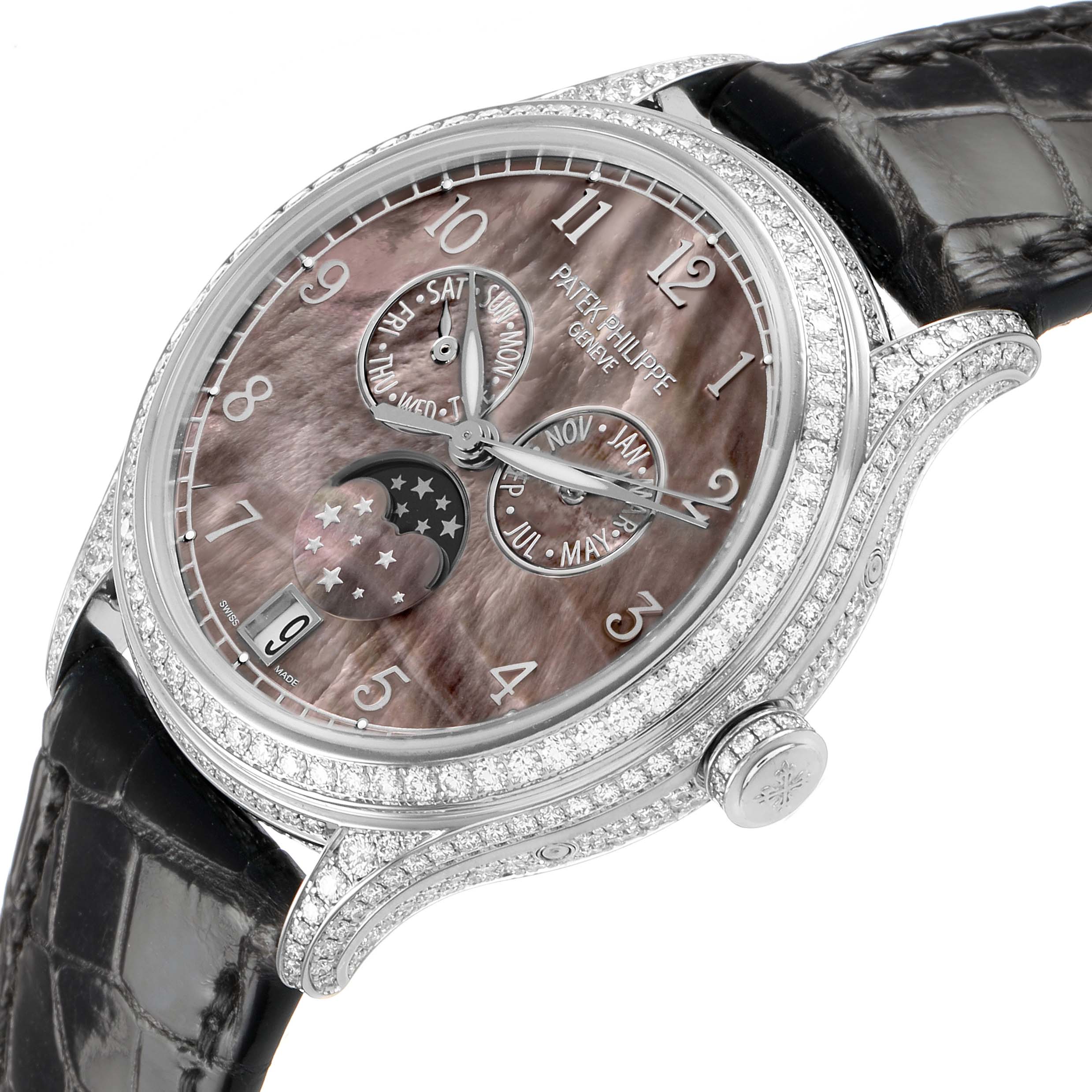 The Patek Philippe Complications 4948G Men's White Gold Mother of Pearl Dial watch is shown at an oblique angle, highlighting the diamond bezel, crown, and detailed dial.
