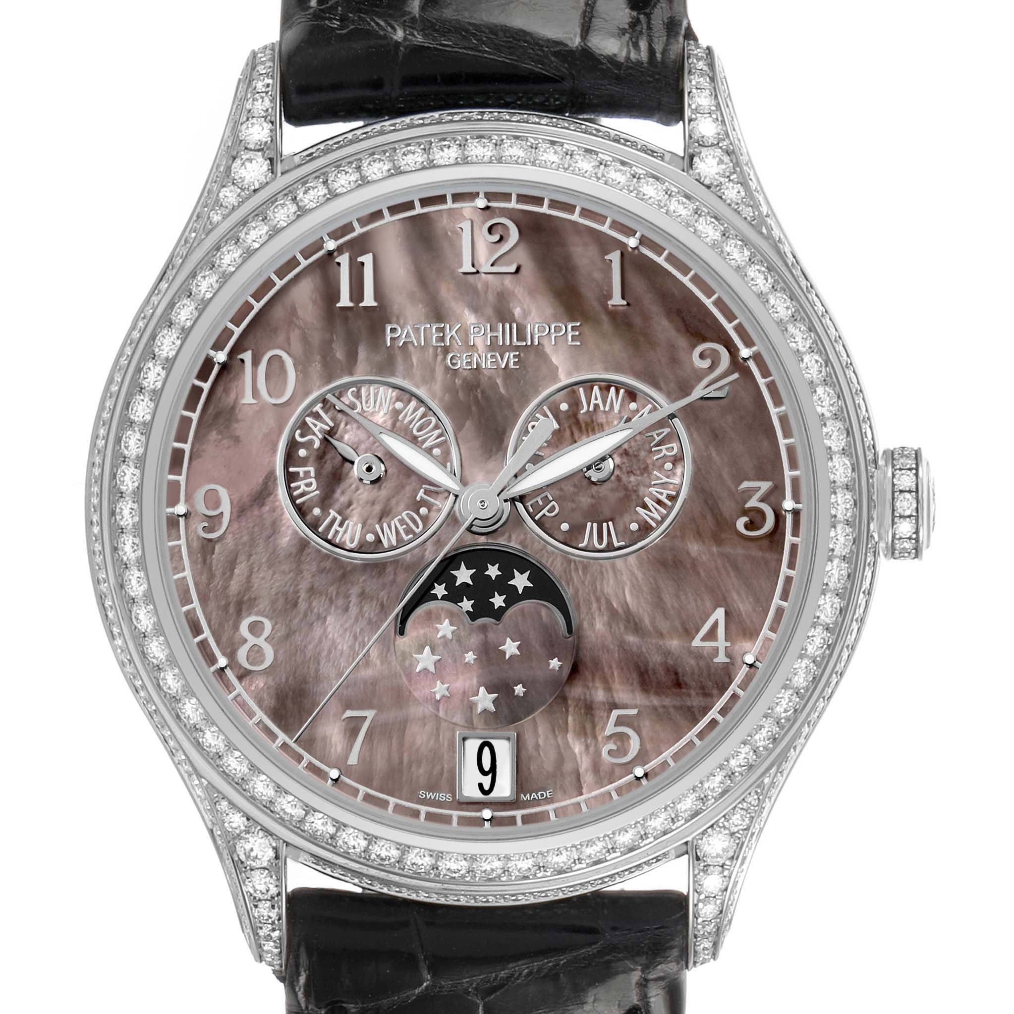 The Patek Philippe Complications 4948G Men's White Gold Mother of Pearl Dial watch is shown from the front, displaying a detailed face with various complications and a black leather strap.
