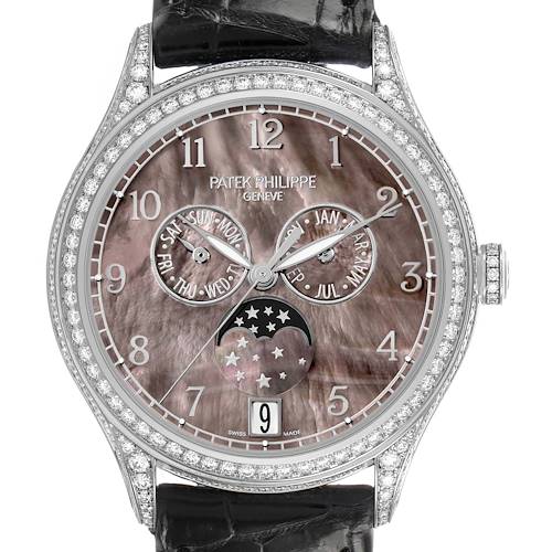 The Patek Philippe Complications 4948G Men's White Gold Mother of Pearl Dial model is shown from a frontal angle, highlighting its dial, bezel, and leather strap.