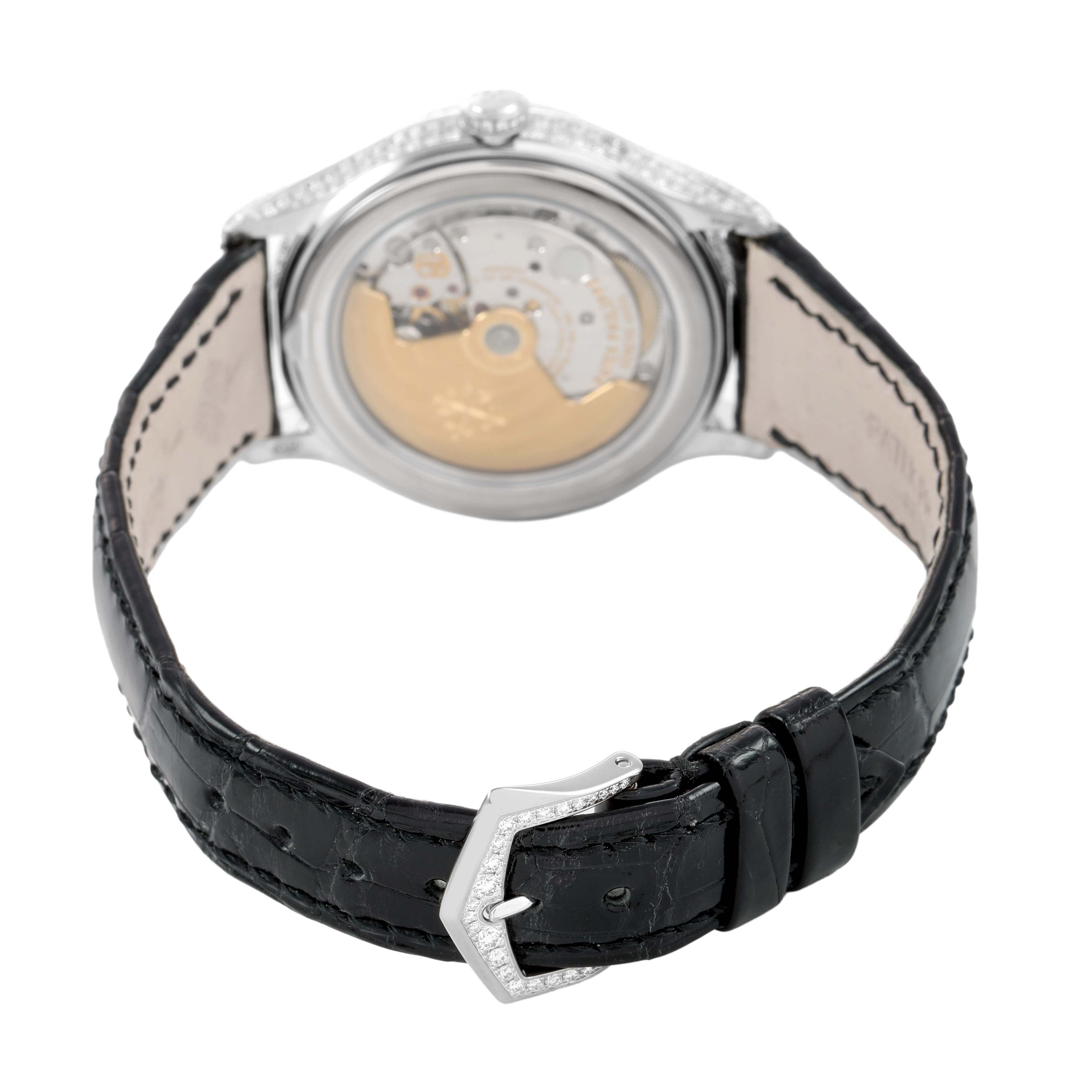 The image shows the back of a Patek Philippe Complications 4948G Men's White Gold Mother of Pearl Dial watch, including the case back and the leather strap with buckle.
