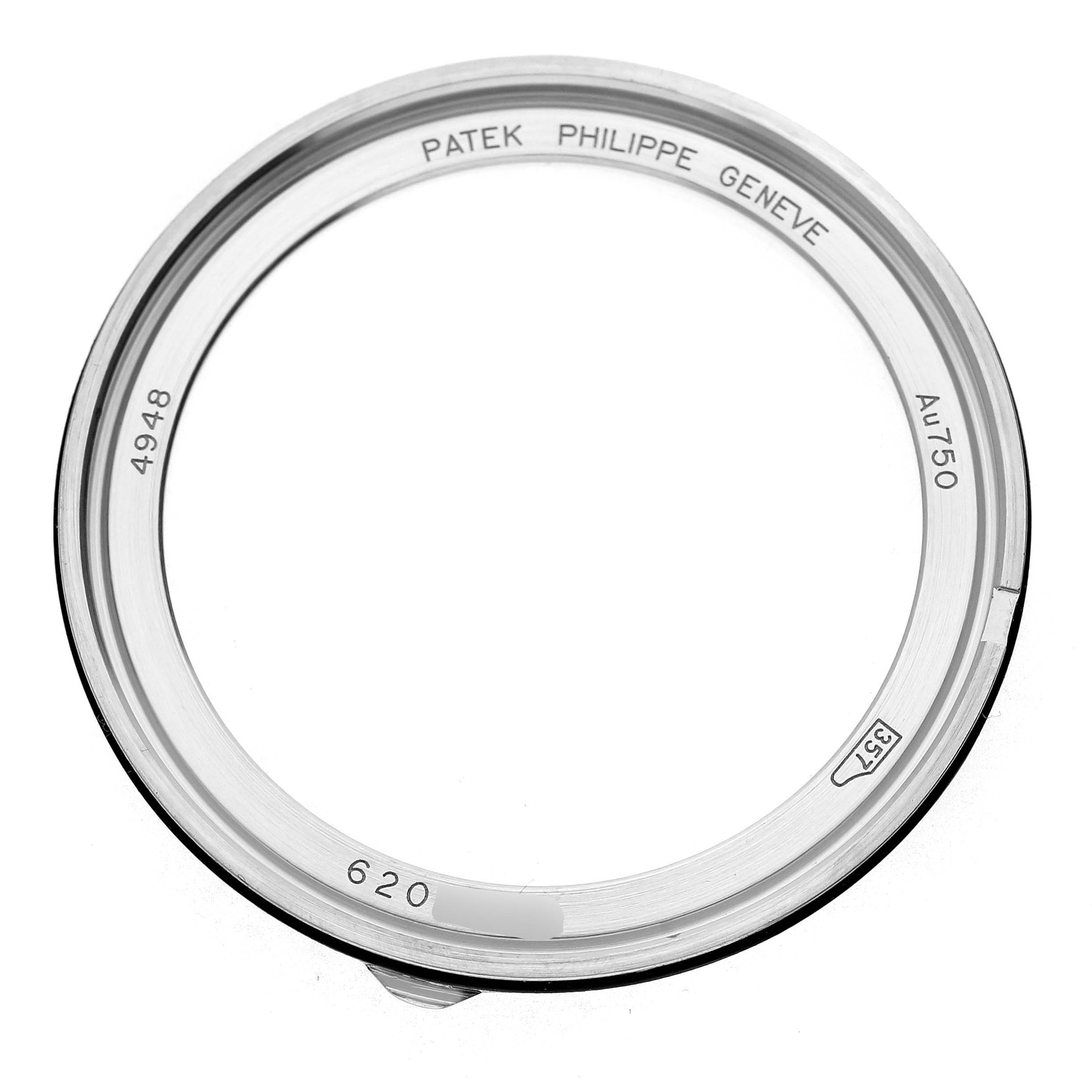 The image shows a front view of a bezel component from the Patek Philippe Complications 4948G Men's White Gold Mother of Pearl Dial model.