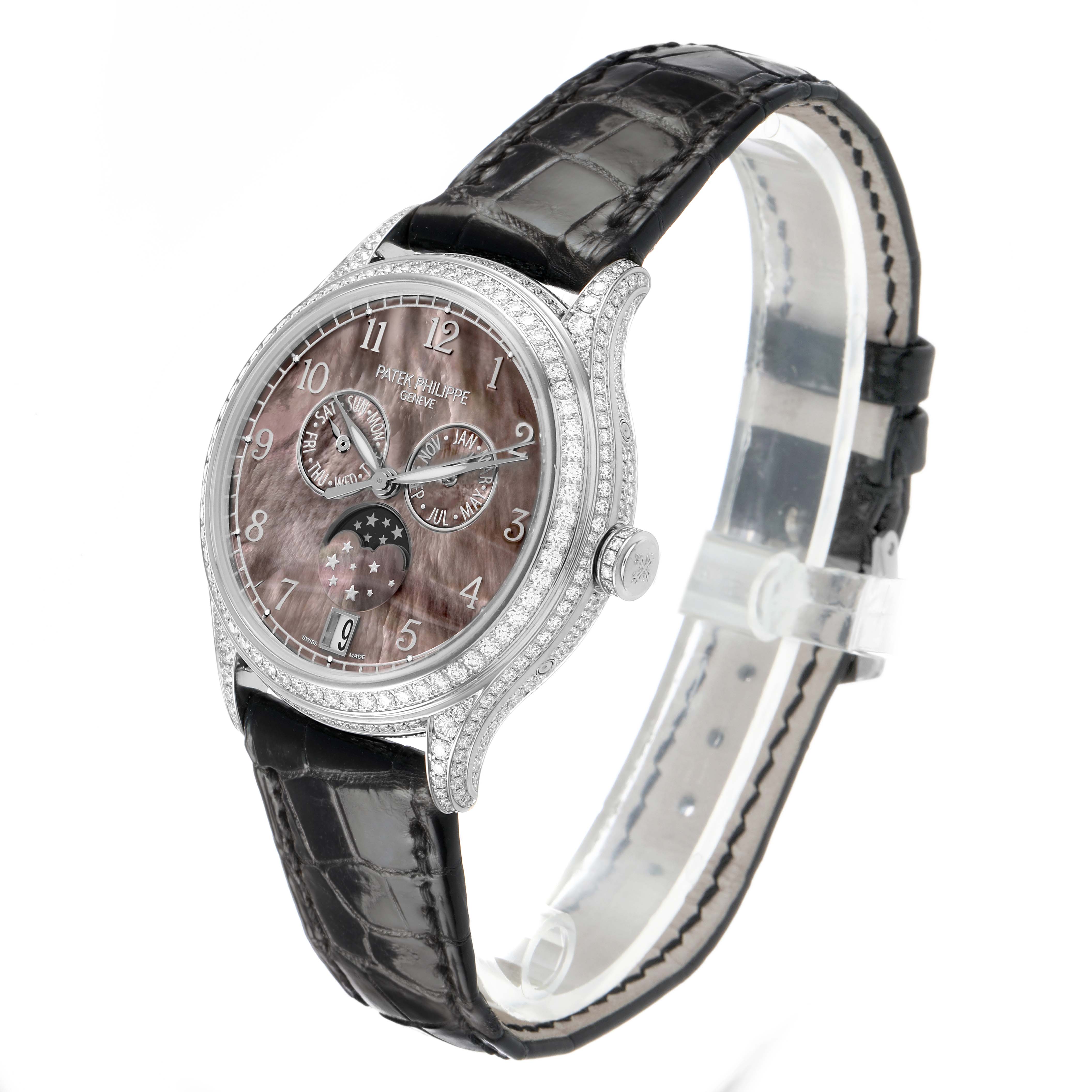 The Patek Philippe Complications 4948G Men's White Gold Mother of Pearl Dial watch is shown at a three-quarter angle, displaying the face, bezel, and leather strap.